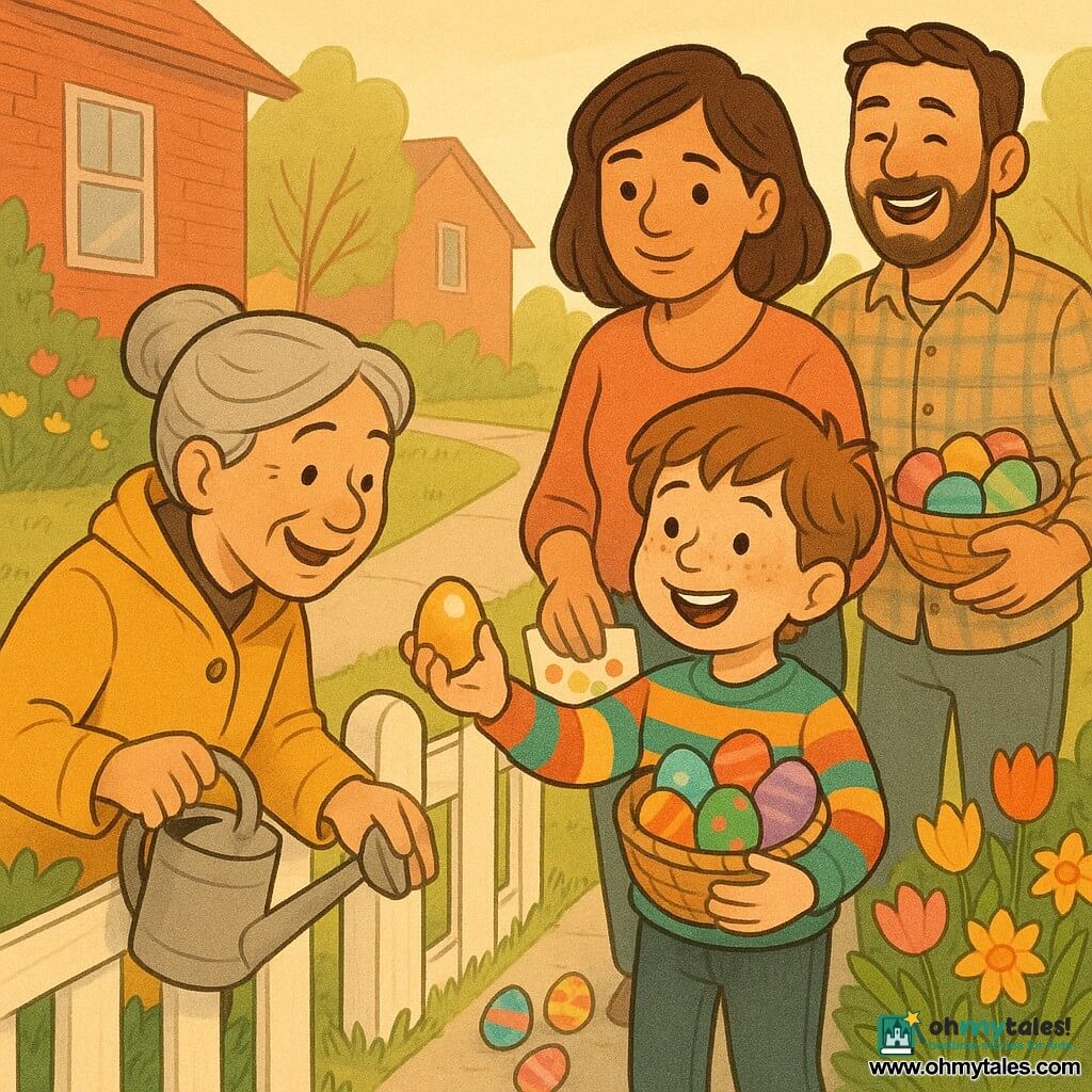A joyful 6-year-old boy with messy brown hair, freckles and a wide smile, wearing a colorful striped sweater and holding a basket of painted eggs, offers a golden egg through a white garden gate to a friendly, surprised Mrs. Patel, about 50, with gray hair in a bun and a yellow raincoat holding a watering can; nearby the mother, 30–40, brown hair in casual clothes, holds a paper card dotted with jellybean marks, and the father, 30–40, with light beard and a plaid shirt, stands behind laughing and holding another basket of colorful eggs; morning neighborhood sidewalk with fresh green lawn, tulips and daffodils, brick houses in the background, warm golden sunlight, a trail of painted eggs, bright colors and soft rounded lines.