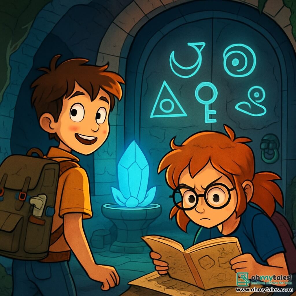 A young boy, Elliot, about 12 years old with messy brown hair and sparkling curious eyes, stands in front of an iron door adorned with mysterious symbols. His face shows a mix of excitement and apprehension, and he carries a worn backpack filled with exploration tools. Next to him is a girl, Iris, also 12, with tousled red hair and round glasses, intently examining an old journal. She leans over a map, her brows furrowed in determination. The setting is a vast underground chamber, illuminated by a bluish glow from a large crystal at the center, surrounded by sparkling crystal columns. The walls are made of ancient bricks covered in moss, with tree roots intertwining in the cracks. The main scene depicts Elliot and Iris ready to open the mysterious door, their hearts racing with excitement and fear as echoing threatening voices resonate from the dark tunnel behind them.