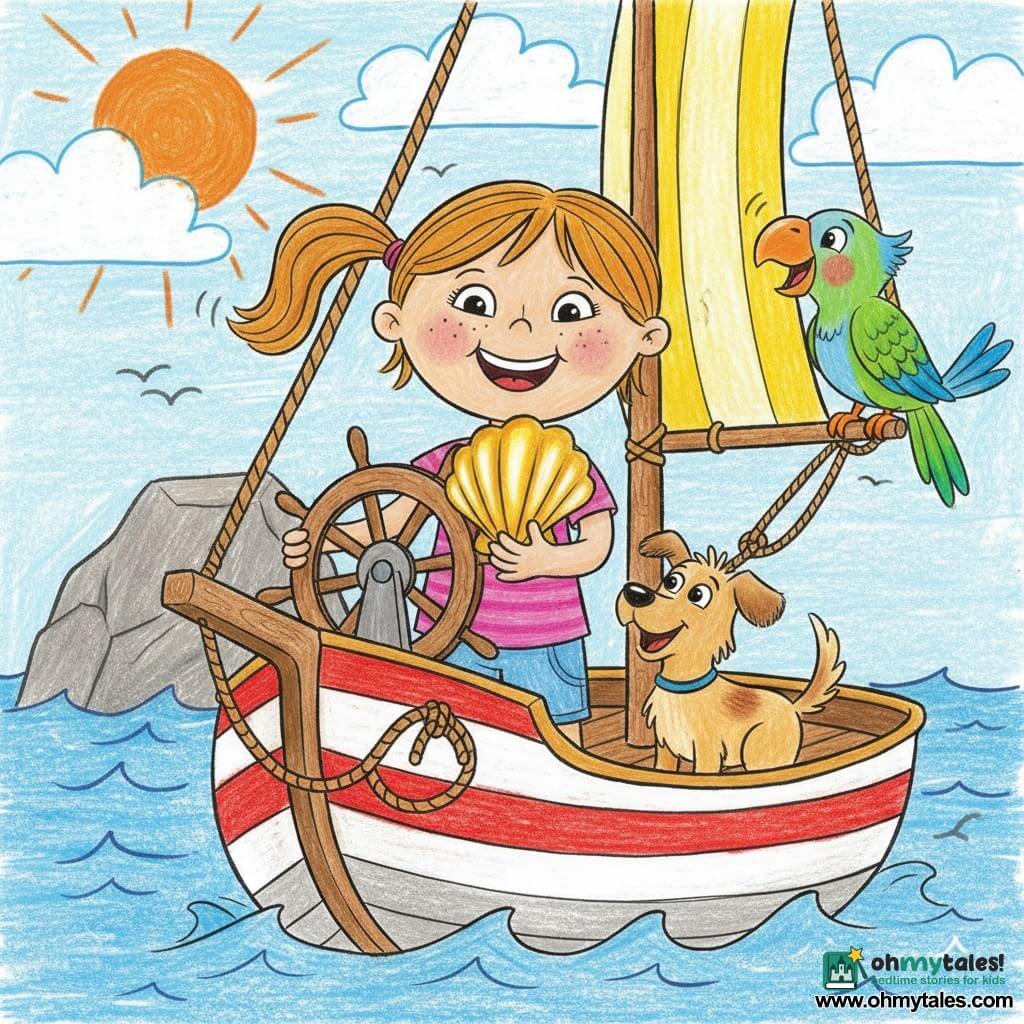 Mia, an about-8-year-old girl with a round freckled face and chestnut pigtails, smiles bravely at the wheel of a wooden boat while proudly holding a shiny golden shell; nearby Woof, a small light-brown joyful dog wags his tail on the deck, and Pip, a vivid green-and-blue parrot, perches on the mast laughing; the small red-and-white wooden boat has a yellow-striped sail and bold rope lines, set on a calm blue sea with rounded waves, a large gray rock in the background and a sky with a big orange sun and fluffy white clouds; the characters gather around the shell with amazed expressions in a centered composition, bright colors, simple strokes and thick outlines.