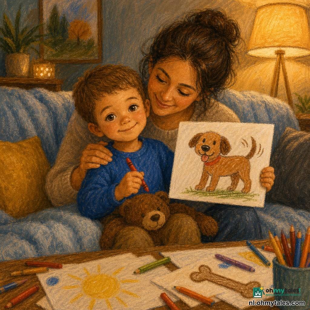 Milo is een jongen van 4 jaar met een rond gezicht en kort lichtbruin haar; hij houdt een grote rode kleurpotlood en toont trots zijn tekening van een kwispelende hond. Zijn moeder (30–35 jaar) met bruin haar in een losse knot en een zachte glimlach houdt Milo vast en heeft een hand op zijn schouder, zittend links van hem op de bank. Een zacht bruin knuffelbeertje ligt op zijn schoot. De bank heeft een lichtblauwe deken en mosterd- en grijze kussens; de kamer is warm verlicht door een vloerlamp. Op de salontafel liggen vellen en kleurpotloden en een tekening van een hond met een groot bot en een gele zon. De sfeer is kalm en geruststellend, avondelijke intieme binnenruimte.