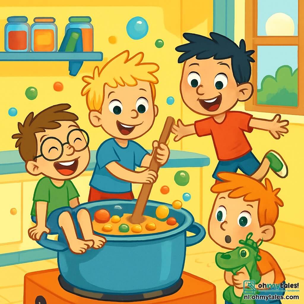 Er zijn 4 kinderen: - Floris: een 7-jarig jongetje met messy blond haar en sprankelende ogen. Hij draagt een blauwe t-shirt en een rode short. Hij staat in het midden en houdt een grote houten lepel vast, klaar om de soep te roeren. - Pim: een 6-jarig jongetje met ronde bril en bruin haar. Hij lacht terwijl hij op de rand van de grote pan zit, met zijn voeten in het water. - Raf: een 7-jarig jongetje met zwart haar en veel energie. Hij springt op één voet naast de pan met een grote glimlach op zijn gezicht. - Sem: een 6-jarig jongetje met rood haar en een knuffeldraak in zijn armen. Hij zit op zijn hurken naast de pan en kijkt met grote ogen naar de soep. De scène speelt zich af in een kleurrijke en vrolijke keuken met felgele muren. Planken zijn vol met potten jam en kookboeken, en een groot raam laat zonlicht binnen dat de soepspetters verlicht. De kinderen bereiden een magische drank voor om te leren vliegen, maar in plaats daarvan maken ze een soep die iedereen aan het lachen maakt en spetteren, met kleurrijke bellen die de lucht in stijgen.