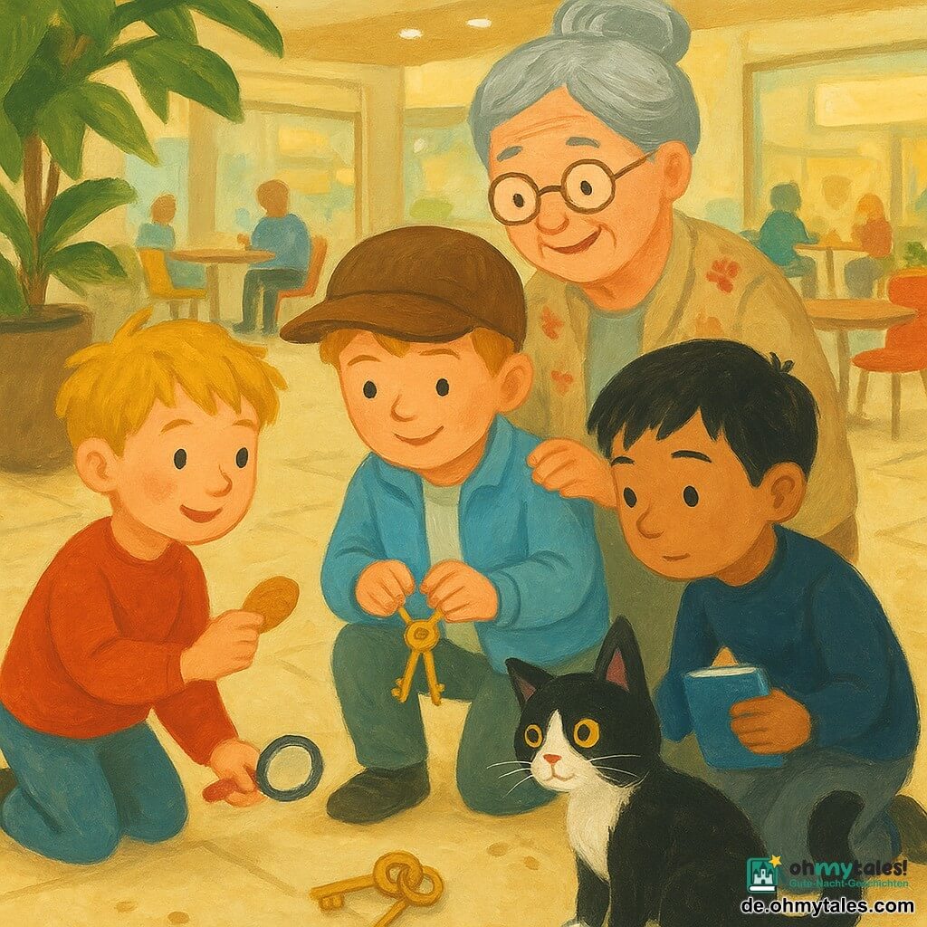 Fünf Figuren: Tom, etwa 5 Jahre, kurz braune Haare, zu große braune Mütze, hellblaue Jacke, leicht in die Hocke, hält einen kleinen goldenen Schlüsselbund; Ben, etwa 5, blonde zerzauste Haare, roter Pullover, hält eine Plastiklupe in der Hand und reicht linksseitig einen Keks, um die Katze abzulenken; Leo, etwa 5, schwarze glatte Haare, kniet rechts von Tom, hat ein blaues Notizbuch und einen Stift hinter dem Ohr und betrachtet aufmerksam den Schlüsselbund; Oma, etwa 70, graue Haare im Dutt, beiges Blümchengilet, runde Brille, steht hinter den Jungen, lächelnd und erleichtert, Hand auf Toms Schulter; die schwarz-weiße Katze Minka, klein, glänzendes Fell, buschiger Schwanz, liegt vorn neben einem großen Pflanzenkübel, die Schlüssel neben ihren Pfoten. Ort: heller Food-Court eines Einkaufszentrums mit hellen Holztischen, bunten Stühlen, cremefarben gefliestem Boden, großen Topfpflanzen und verschwommenen Schaufenstern im Hintergrund. Hauptsituation: die drei kleinen Detektive haben Omas Schlüsselbund wiedergefunden; fröhliche, ruhige Szene, Kinder kooperieren, einer hält das gefundene Schlüsselbund, warme Stimmung, sanfte Gouache-Farben und sichtbare Pinselstriche, deutliche Mimik von Erleichterung und Stolz.
