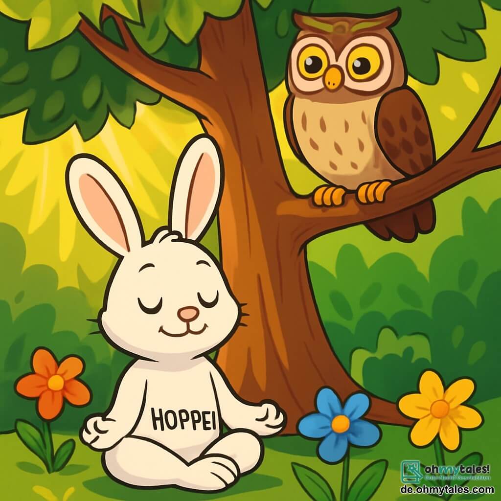 Ein kleiner Hase namens Hoppel mit großen, weichen Ohren und strahlend weißem Fell sitzt friedlich unter einem großen Baum mit üppigem grünem Laub. Er hat ein friedliches Lächeln auf dem Gesicht, die Augen geschlossen und atmet tief ein, umgeben von bunten Blumen, die sanft im Wind tanzen. Neben ihm sitzt eine weise Eule namens Orion mit großen goldenen Augen und geflecktem braunem Gefieder auf einem Ast. Er schaut Hoppel wohlwollend an, mit einem leichten Lächeln, als ob er ein beruhigendes Geheimnis teilt. Der Ort ist ein geheimer Garten, durchflutet von goldenem Licht, mit Sonnenstrahlen, die durch die Blätter filtern, die bunten Blumen beleuchten und eine Atmosphäre von Ruhe und Magie schaffen. Hoppel meditiert umgeben von natürlicher Schönheit, während Orion ihm die Magie der Stille und des inneren Friedens lehrt und eine entspannende und wohlfühlende Stimmung erzeugt.