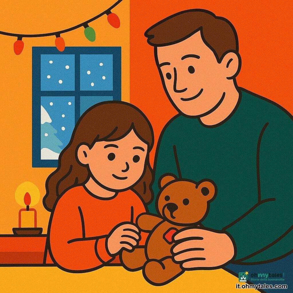 Una bambina di 6 anni, Lucia, con occhi brillanti come lanterne, è seduta vicino a una finestra. Ha un viso sereno e concentrato, con capelli castani che cadono in morbidi riccioli sulle spalle. Tiene in mano un orsacchiotto con una toppa rossa sul gomito, che ha appena riparato. Un uomo sui trent'anni, suo padre, è accanto a lei, sorridendo calorosamente. Ha le mani leggermente arrossate dal freddo e uno sguardo benevolo. La scena si svolge in una stanza calda e luminosa, con pareti decorate con ghirlande natalizie scintillanti e una piccola candela accesa che diffonde una luce soffusa. Dalla finestra, si vede la neve che cade dolcemente, coprendo il paesaggio esterno con un manto bianco. Lucia e suo padre guardano insieme la ghirlanda che hanno riparato, illuminando la stanza con una luce dolce e festosa.