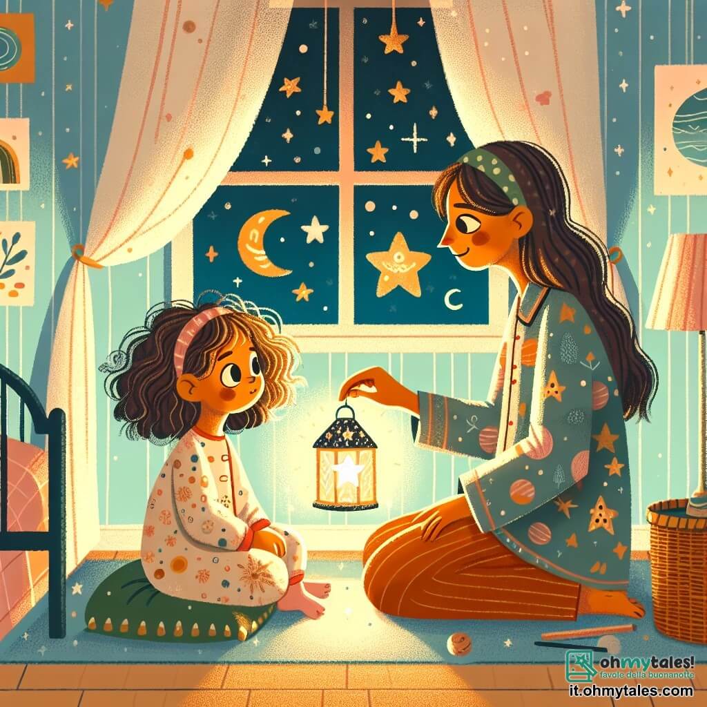 Una bambina di 2 anni, Sofia, con grandi occhi brillanti e capelli ricci, è seduta sul suo letto, con un sorriso timido sul viso. Tiene una piccola lanterna a forma di stella che emette una dolce luce dorata. Sua madre, una donna di circa trent'anni con capelli lunghi e castani, è seduta accanto a lei, offrendole uno sguardo rassicurante. Indossa un pigiama colorato con motivi di nuvole e lune e le sta mostrando la lucina stellata che brilla nella stanza. La scena si svolge in una camera per bambini accogliente, decorata con muri pastello e poster di pianeti e stelle. Una leggera tenda ondeggia dolcemente alla finestra, lasciando intravedere un cielo stellato. Sofia, un po' nervosa ma confortata dalla presenza di sua madre, guarda con meraviglia la luce della sua lanterna, mentre la madre le spiega che anche le stelle brillano nel buio.