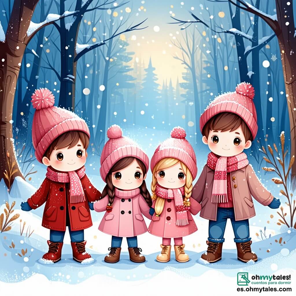 En un bosque encantado, cuatro amigos están juntos, rodeados de nieve brillante. Lucas, un niño de tres años con cabello castaño y ojos brillantes, lleva un abrigo rojo vivo y un gorro a juego. A su lado, Sofía, una niña de cuatro años con largas trenzas rubias, viste una bufanda rosa y un abrigo de lunares. Juan, un niño de cinco años con gafas redondas y cabello negro, lleva una bufanda azul y un abrigo verde. Finalmente, Carla, una niña de cuatro años con mejillas sonrosadas y cabello castaño rizado, lleva un abrigo morado y un gorro de lana. El decorado es mágico: grandes árboles cubiertos de nieve brillante, luces de colores que comienzan a brillar en un enorme abeto en el centro, y copos de nieve que caen suavemente del cielo. Los amigos cantan alegremente alrededor del abeto, sus rostros iluminados por la magia de la Navidad, mientras un pequeño duende sonriente aparece entre las ramas, aportando un toque de magia a la escena.