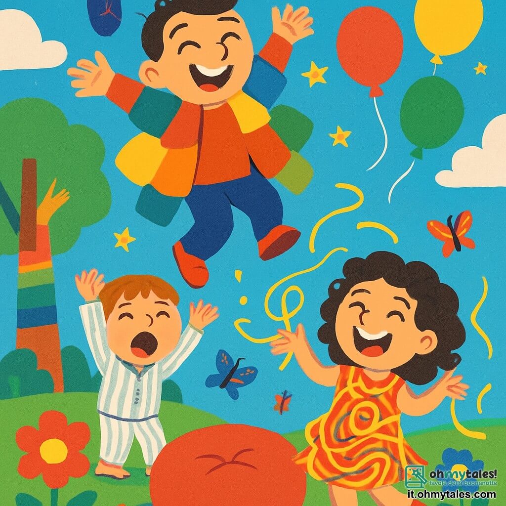 Un uomo di nome Super-Piuma, con un grande sorriso gioioso, indossa un mantello fatto di cuscini colorati che fluttuano intorno a lui. Sta saltando in alto nell'aria, circondato da nuvole soffici e palloncini colorati, con stelle scintillanti sullo sfondo. Accanto a lui, Super-Pasta, una ragazza dai capelli ricci e brillanti, sta giocolando con spaghetti volanti, ridendo a denti stretti. Indossa un vestito a forma di spaghetti, pieno di colori vivaci. Un po' più in là, Super-Sbadiglio, un ragazzo dagli occhi scintillanti, sta facendo un enorme sbadiglio, con le braccia alzate verso il cielo. Indossa un pigiama a righe e sembra divertirsi. Il contesto è un parco magico, pieno di fiori giganti dai colori vivaci, grandi alberi dai tronchi multicolori e un cielo blu intenso. Farfalle danzano intorno a loro, aggiungendo all'atmosfera gioiosa. La scena principale mostra Super-Piuma mentre rimbalza su un grande pouf, mentre spaghetti volano intorno, creando un'atmosfera di risate e felicità.