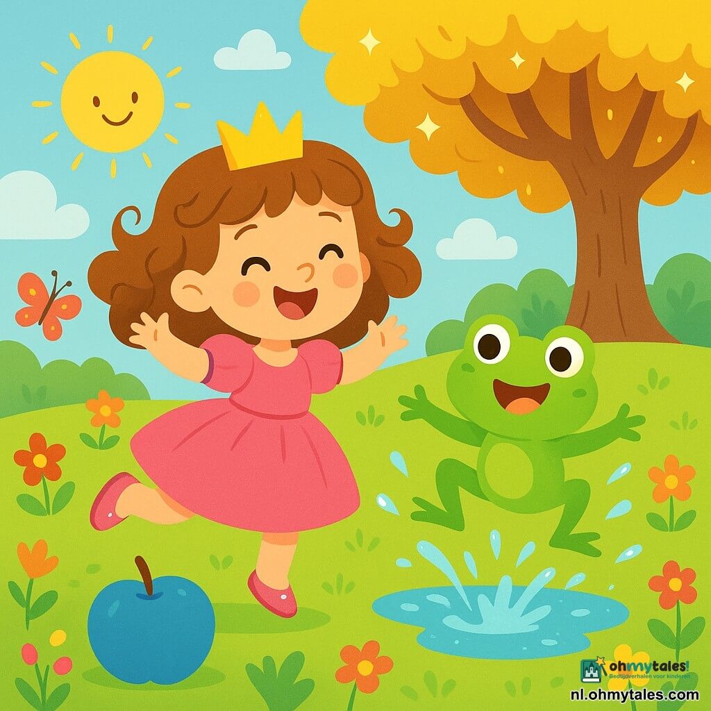 Een kleine prinses, Lila, glimlachend en vrolijk, draagt een stralende roze jurk en glanzende schoenen. Ze springt van blijdschap, met haar krullende haar dat om haar heen waait. Naast haar springt Kiko, een kleine groene kikker met grote, sprankelende ogen, in een plas water en spettert glinsterende druppels om hen heen. Hun omgeving is een grote betoverde open plek, vol met kleurrijke bloemen, dansende vlinders en een enorme magische boom met gouden bladeren die onder de zon schitteren. In het midden van de scène rolt een grote blauwe appel over de grond, wat een vleugje magie toevoegt aan de vrolijke sfeer. Lila en Kiko hebben plezier samen, lachend en spelend rond de appel, wat een sfeer van geluk en magie creëert in dit betoverde koninkrijk.