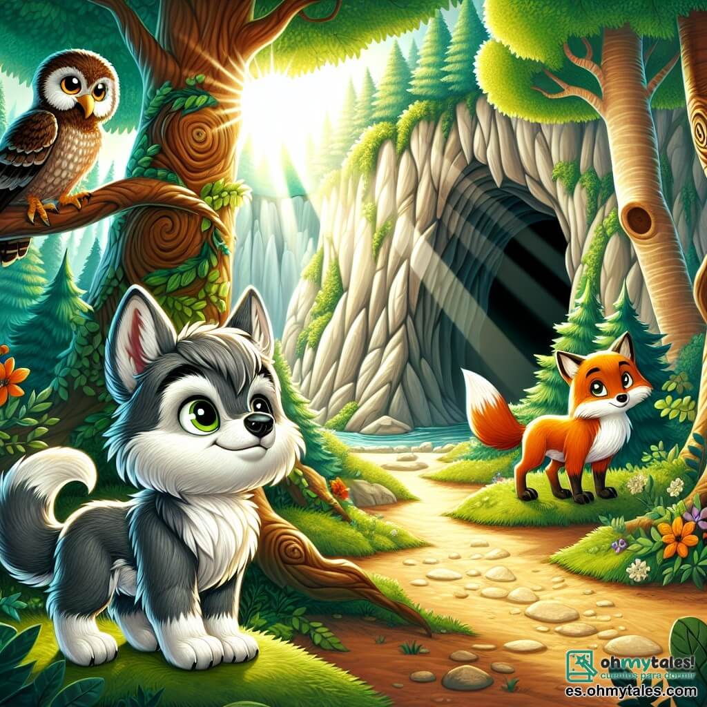 En el centro de la imagen, un joven lobo llamado Lupo, pequeño y lindo, con pelaje gris y ojos brillantes de curiosidad, se encuentra valientemente frente a una gran caverna. Su expresión es decidida, pero también un poco ansiosa, mientras se prepara para entrar en la caverna del Gran Lobo Feroz. A su derecha, un astuto zorro llamado Zafiro, con pelaje naranja brillante y ojos traviesos, observa la escena con una sonrisa confiada, listo para apoyar a Lupo en su aventura. A la izquierda, una sabia lechuza llamada Oliva, con plumas marrones y grandes ojos redondos, flota ligeramente en el aire, mostrando una expresión de reflexión, como si estuviera planeando el siguiente paso. El escenario es un hermoso bosque verde, con árboles majestuosos de hojas de un verde brillante, y rayos de sol filtrándose a través de las ramas, iluminando el camino que lleva a la caverna oscura y misteriosa. La situación principal muestra a Lupo, decidido a descubrir la verdad sobre el Gran Lobo Feroz, listo para entrar en la caverna, mientras sus amigos lo animan y lo observan con esperanza y apoyo.