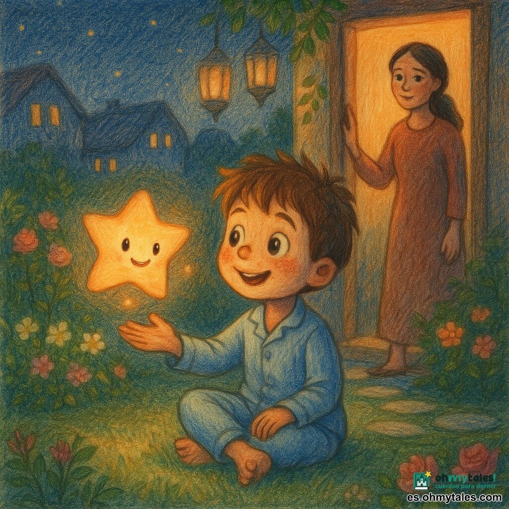 Niño de 6 años, ojos grandes y brillantes, rostro redondo con leves pecas y pelo castaño alborotado, sonriente y maravillado, sentado en el césped del jardín con pijama azul, tendiendo la mano hacia una pequeña estrella parlante del tamaño de una palma, dorada con reflejos blanco-durazno, ojos brillantes y sonrisa dulce, flotando sobre su mano y emitiendo un resplandor cálido; la madre (30–35 años), pelo largo recogido y vestido sencillo, está junto a la puerta del jardín con la mano en el marco, mirando con ternura; jardín nocturno con césped, parterres de rosas y jazmín, pequeño sendero de piedras, lámparas colgantes de luz tenue y casas vecinas con ventanas iluminadas; noche tranquila de Ramadán, atmósfera mágica y de gratitud, colores cálidos en el centro (dorado, naranja) y tonos azules profundos en el cielo; estilo: lápices de colores, trazos suaves y textura visible, luz cálida y contraste sutil entre el brillo de la estrella y la noche.