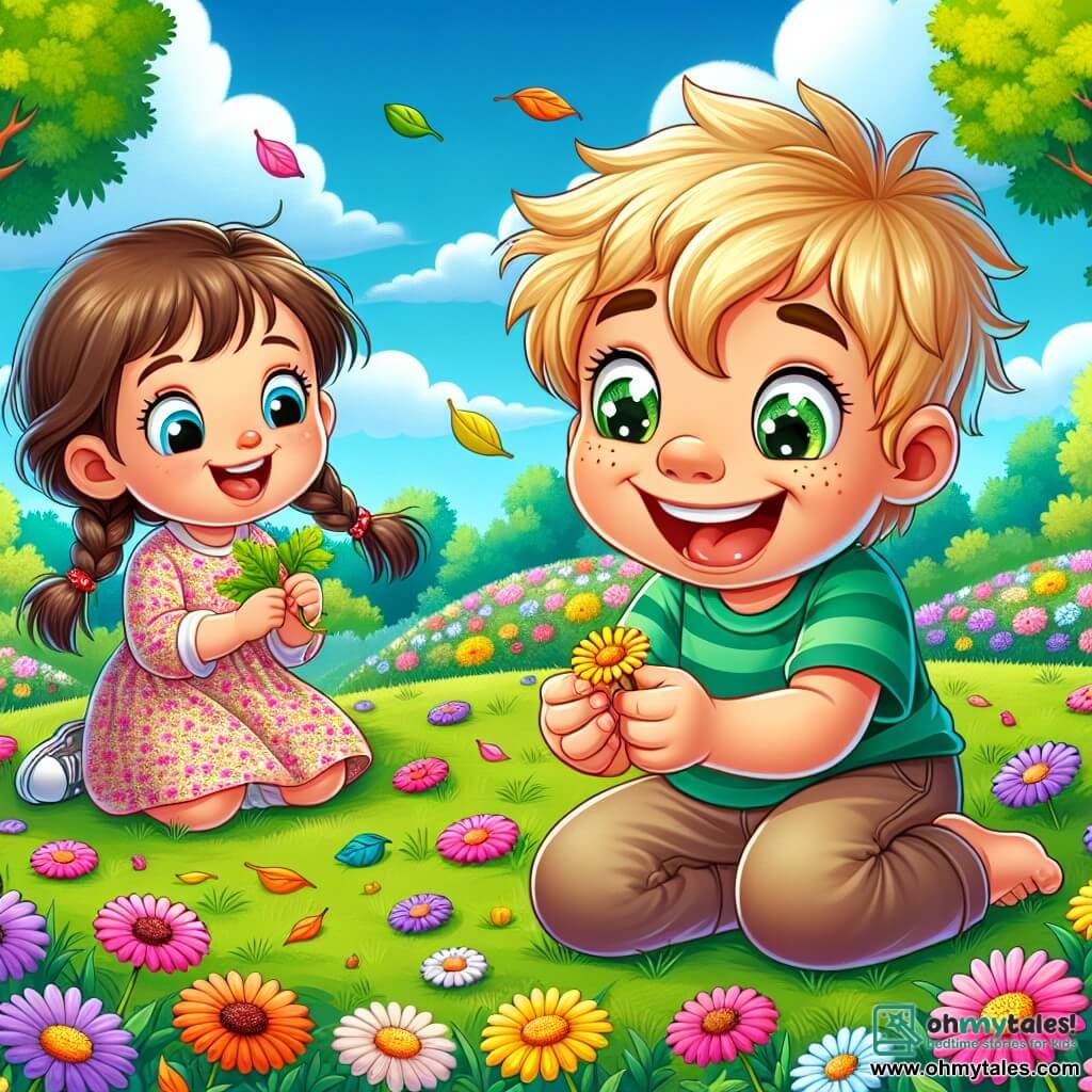 A 1-year-old boy with messy blonde hair and sparkling eyes is sitting in the green grass of the park, a big smile on his face. He holds a small yellow flower in his hands, marveling at its beauty. Next to him, a 5-year-old girl with braided brown hair and a pink floral dress is picking up colorful leaves. She looks at Max with a friendly smile, sharing his enthusiasm for treasure hunting. In the background, the park is filled with vibrant flowers in various colors: pink, purple, and yellow, while leafy trees gently sway in the spring breeze. The sky is bright blue with a few fluffy white clouds. The main scene shows Max and his friend exploring, laughing, and playing together, surrounded by the beauty of nature, discovering the wonders of spring.
