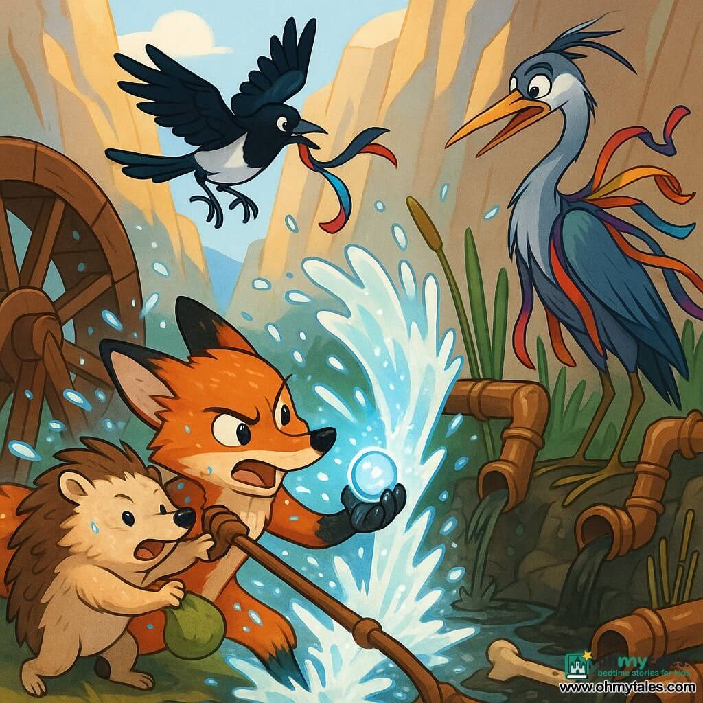 Milo, a young red fox with black ears, wet fur and a determined face, yanks a leather strap by a large wooden wheel while holding a small cold-glowing crystal; Brin, a brave beige hedgehog, pressed to Milo’s side, tosses a pouch of green powder into reed pipes; Juniper, a glossy black-and-white magpie with a mischievous look, circles above clutching a colorful ribbon from Sablequill’s coat; Sablequill, a tall blue-gray heron in a coat of flowing ribbons, reels back surprised near broken bone-and-reed pipes leaking dirty water; in a mountain basin with a clear central pool, wet gray stones, green moss and light steam, the crystal suddenly lights up and the trapped water bursts out in a clear cascade, splashing the group as pipes break and their faces show relief and triumph.