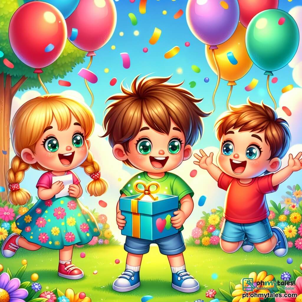 Um menino de 4 anos, com cabelos castanhos bagunçados e olhos brilhantes de curiosidade, está no centro da imagem, segurando uma pequena chave dourada na mão, com um grande sorriso maravilhado no rosto. À sua direita, uma menina de 4 anos, vestindo um vestido florido e com cabelos loiros trançados, olha para a chave com olhos arregalados, cheia de empolgação. À esquerda, um menino de 5 anos, usando uma camiseta vermelha e um short azul, salta de alegria, segurando um pequeno papel na mão, seu rosto radiante de felicidade. A cena ocorre em um parque vibrante, cheio de balões coloridos flutuando no ar, com uma grande árvore verde ao fundo e um canteiro de flores vibrantes ao redor. No chão, um grande tapete de grama verde está salpicado de confetes coloridos, testemunhando uma festa alegre. Os três amigos descobrem juntos uma pequena caixa azul com uma fechadura dourada, cercados por uma atmosfera de mistério e aventura, prontos para desvendar o segredo escondido dentro.