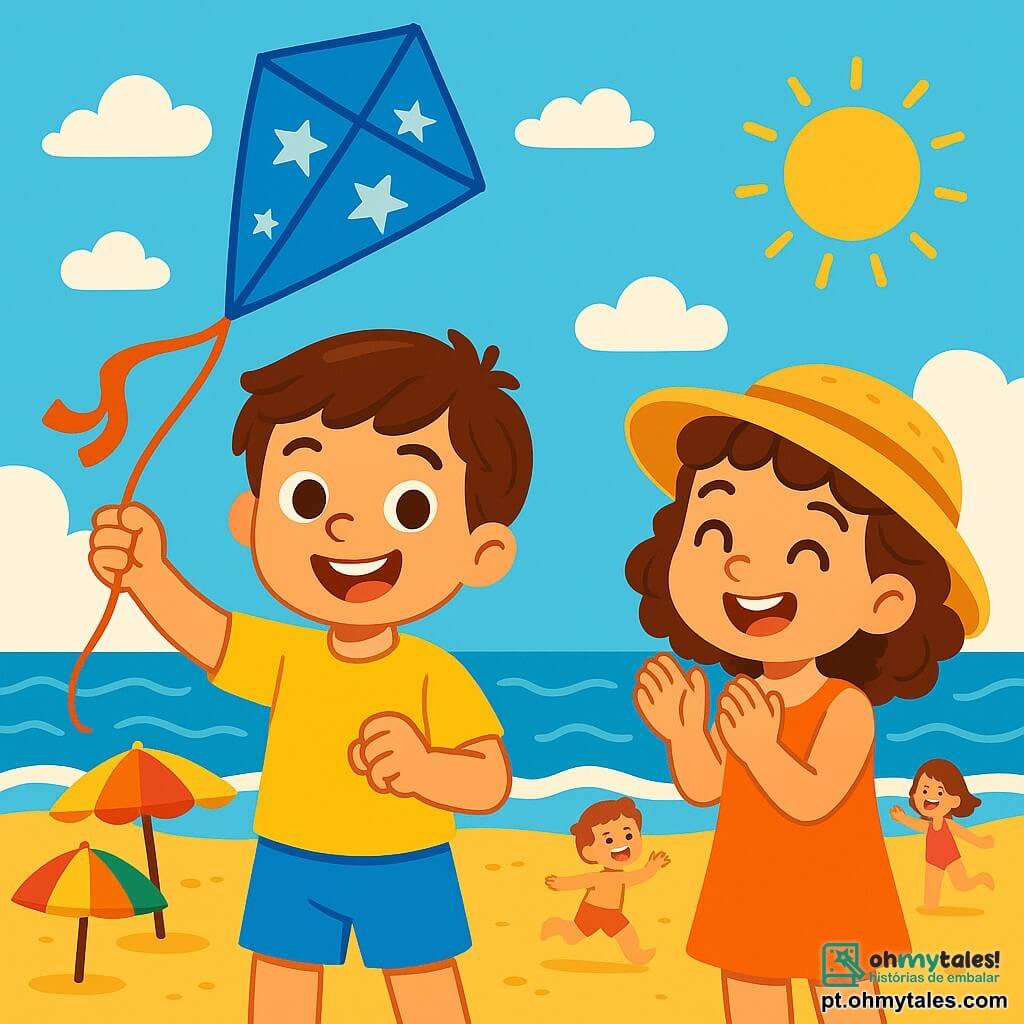 Um garoto de 8 anos, chamado Pedro, com cabelos castanhos e olhos brilhantes de alegria, está de pé na praia, sorrindo amplamente. Ele veste um traje de banho azul vivo e uma camiseta amarela, segurando uma pipa azul decorada com estrelas brancas que sobe ao céu. Ao seu lado, uma menina de 7 anos, Sofia, com cabelos cacheados e um chapéu de palha, aplaude entusiasticamente, seus olhos brilhando de excitação. Ao fundo, a praia é banhada por uma luz dourada, com ondas ondulantes e guarda-sóis coloridos plantados na areia quente. A cena principal mostra Pedro e Sofia empinando suas pipas, cercados por outras crianças se divertindo, criando uma atmosfera alegre e festiva sob um céu azul brilhante.
