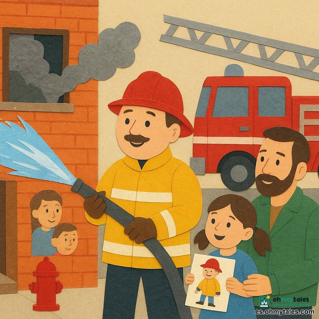 Un bombero sonriente y tranquilizador con casco rojo brillante y chaqueta amarilla reflectante sostiene una potente manguera que lanza un chorro brillante hacia una ventana humeante; una niña de 5 años con coletas y vestido azul ofrece un dibujo colorido al bombero, su padre de unos 35 años con barba y chaqueta verde la abraza junto a una boca de incendios roja; un gran camión de bomberos rojo con larga escalera plateada está aparcado, la casa de ladrillo naranja muestra humo gris en la ventana y vecinos curiosos en la calle; escena luminosa de colores vivos y texturas en papel, centrada en el chorro de agua, ambiente valiente y tierno: el fuego se apaga y todos están a salvo.