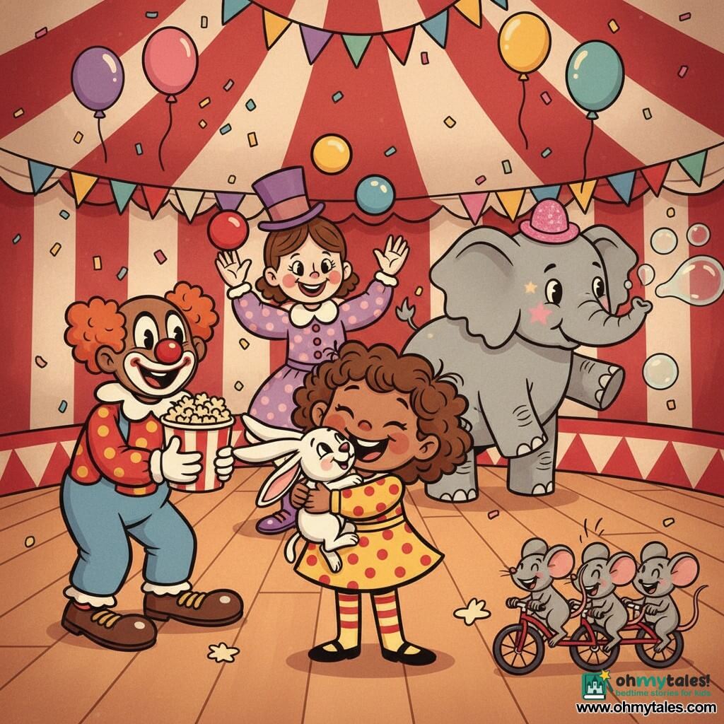 A joyful 2-year-old girl with curly brown hair sits center in a yellow dress with red polka dots and striped socks, hugging a long-eared white rabbit, while a round-nosed male clown (~30) on the left offers popcorn, a female clown (~25) in a purple top hat juggles three colorful balls behind her, a large gray elephant named Ellie on the right blows soap bubbles, three gray mice pedal a tiny red bike in the foreground, and the red-and-white circus tent with a polished wooden floor, banners, balloons and confetti is lit by warm, soft light.