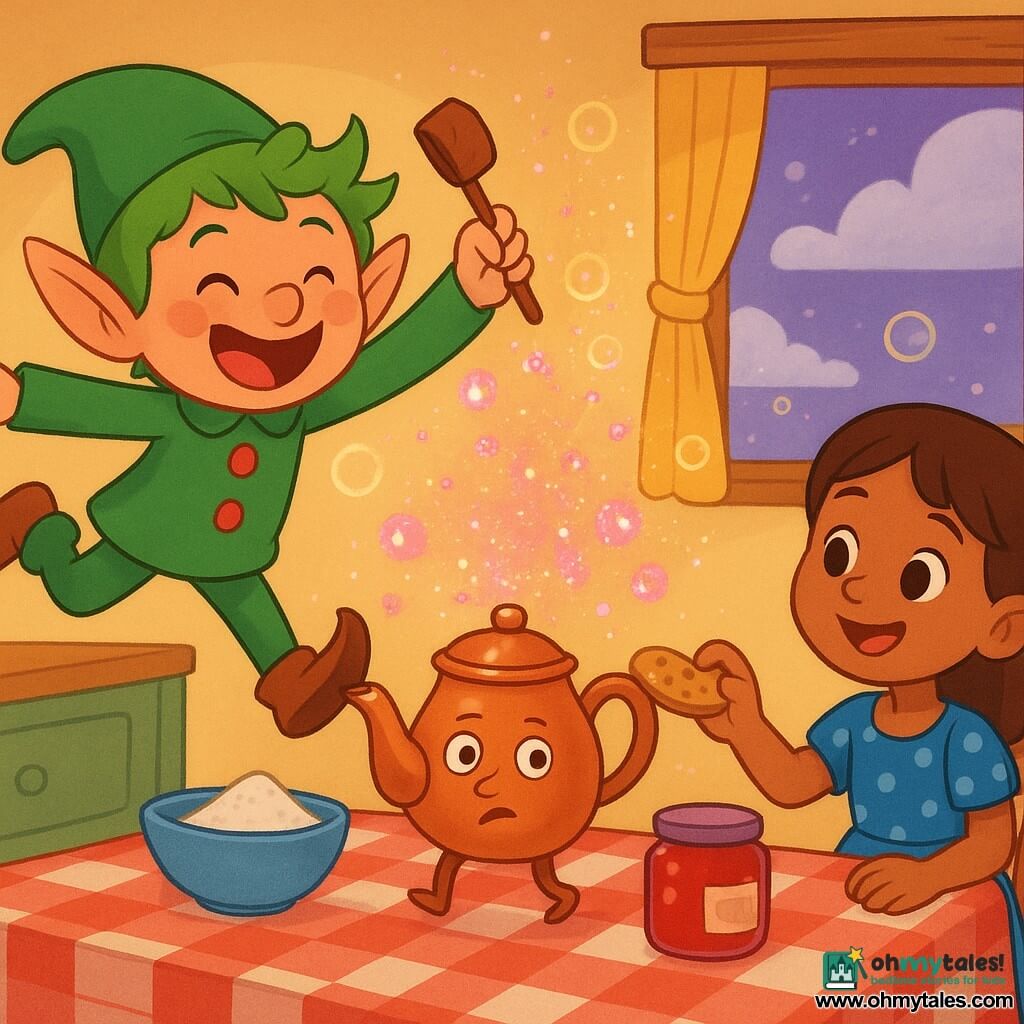 A mischievous, round-faced elf named Nim with pointed ears, tousled green hair and a green outfit with red buttons jumps on a light wooden table laughing and waving a small polishing brush as a small animated copper teapot called Sir Pour-a-Lot with tiny legs and painted eyes, serious but comical, sneezes pink and gold glitter that pops into sparkling bubbles while a delighted seven-year-old girl with brown pigtails in a blue polka-dot dress sits to the right on a chair offering a biscuit; the magical kitchen has a red-checkered cloth, bowls of sugar, a bright jam jar and an open window to a violet-blue sky with whipped-cream-like clouds, warm, bright, saturated colors, soft lines, simple child-friendly style.