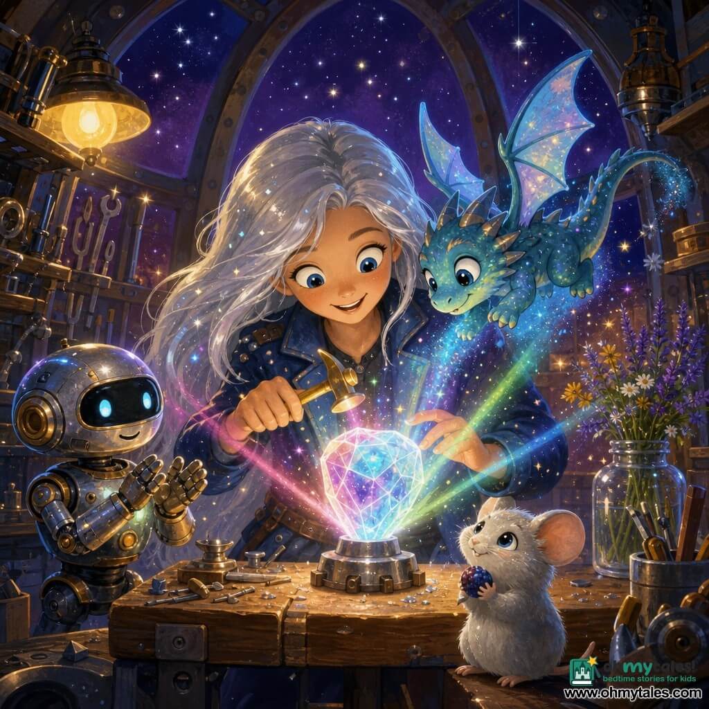 Mira, a young woman, smiles in wonder with bright eyes and slightly open mouth; long silver hair speckled with sparks, wearing a midnight-blue leather jacket with tiny metallic flecks, she gently taps a glowing crystal called the Heartlink on her wooden workbench with a small golden hammer. Nova, a tiny star-dragon, perches on Mira’s right shoulder—blue-green iridescent scales, translucent wings trailing blue stardust, mischievous gaze—fluttering above the crystal. Pippin, a friendly 60 cm polished-metal robot with glowing buttons and repaired arms, stands left of the bench clapping mechanically and watching the crystal, while a silver-furred moon-mouse near Mira’s feet holds a berry. The floating circular space forge, with patinated metal walls and window panels showing a starry sky and purple nebulae, warm yellow lamps, shelves of shiny tools and a jar of wildflowers, frames a magical moment as the Heartlink radiates pink, blue, and green rays forming a soft shimmering aura around Mira and her companions; saturated colors, gouache-like textures, soft brushstrokes and rounded forms center the composition on the crystal and the amazed faces.
