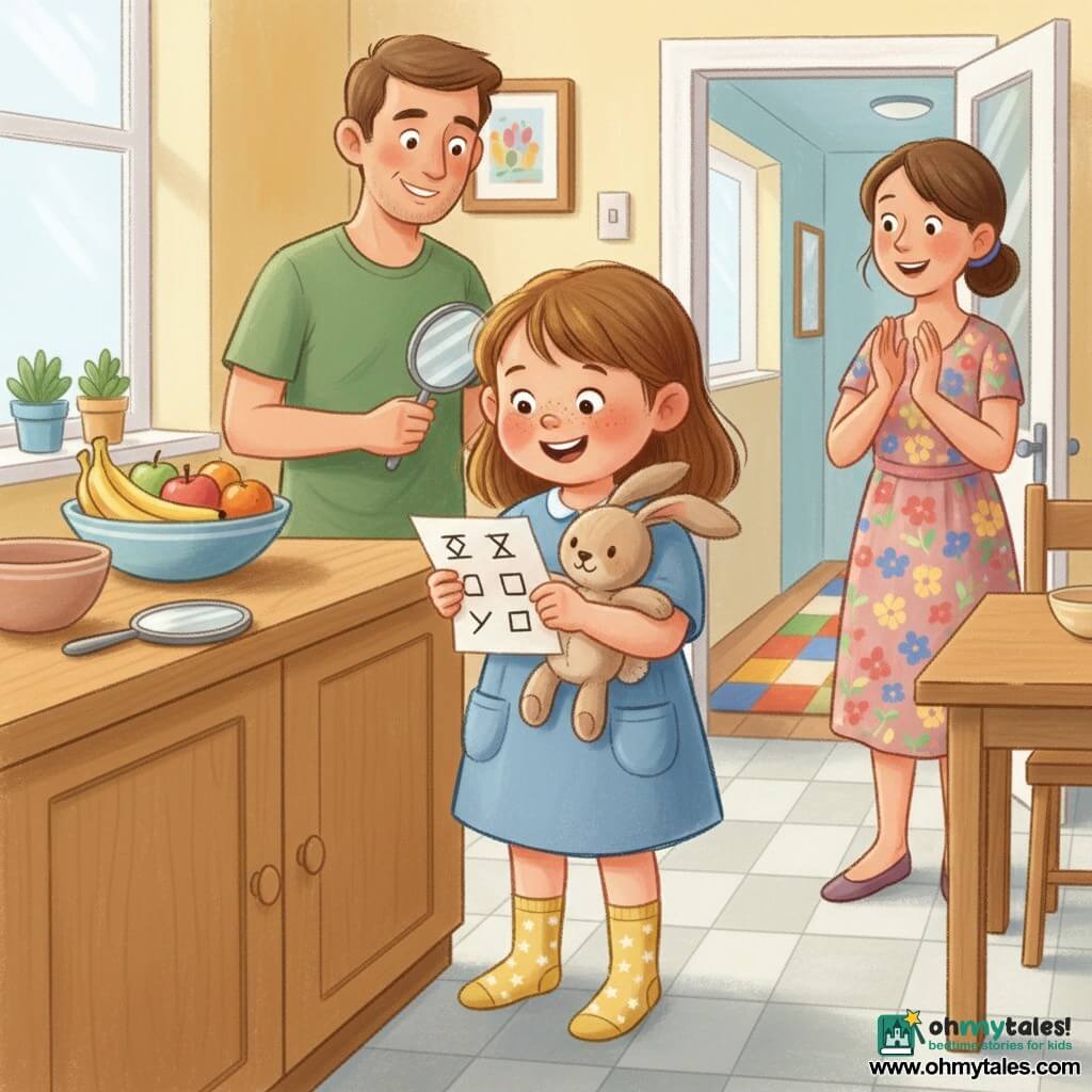 A joyful, focused 4-year-old girl with round cheeks and freckles smiles broadly wearing yellow socks with small stars and a light blue dress with pockets, holding a small silver mirror and reading a note reflected in it while clutching a beige embroidered-eyed plush rabbit named Button; behind her to the left a softly smiling father (30–40) with short brown hair and a green T‑shirt holds an extra small mirror near the counter, and to the right a mother (30–40) with tied-up hair in a patterned dress applauds gently and points toward the hallway — the warm, bright kitchen features a light wood countertop, a bowl of colorful fruit, soft tiles, a mirror near a bowl, and an open door to a hallway with a checkerboard rug; the scene is a tender, playful moment with encouraging adults, warm colors and pastel-like textures.