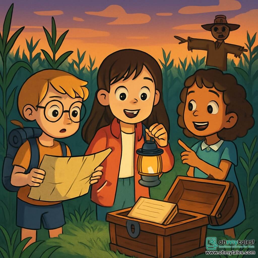 There are three characters: Amelia, a 10-year-old girl with long brown hair and sparkling curious eyes, wearing a red jacket and holding a small lantern that softly lights her face; Harper, a 10-year-old girl with short blonde hair and round glasses, looking determined and carrying a backpack filled with adventure tools, standing to the left of Amelia and carefully examining a map they found; and Mia, a 10-year-old girl with curly hair in a polka-dotted blue dress, smiling dreamily and pointing at an old scarecrow in the distance, standing to the right of Amelia. The main setting is a dense cornfield with tall green stalks swaying gently in the wind, under a sky tinted with shades of orange and purple at dusk. In the center of the field, a small clearing is illuminated by Amelia's flickering lantern, while an old straw scarecrow stands mysteriously in the darkness. The main situation shows the three girls discovering an ancient chest in the clearing, with expressions of wonder and excitement on their faces. The chest is open, revealing an old journal, while shadows dance around them, creating a magical yet slightly eerie atmosphere.
