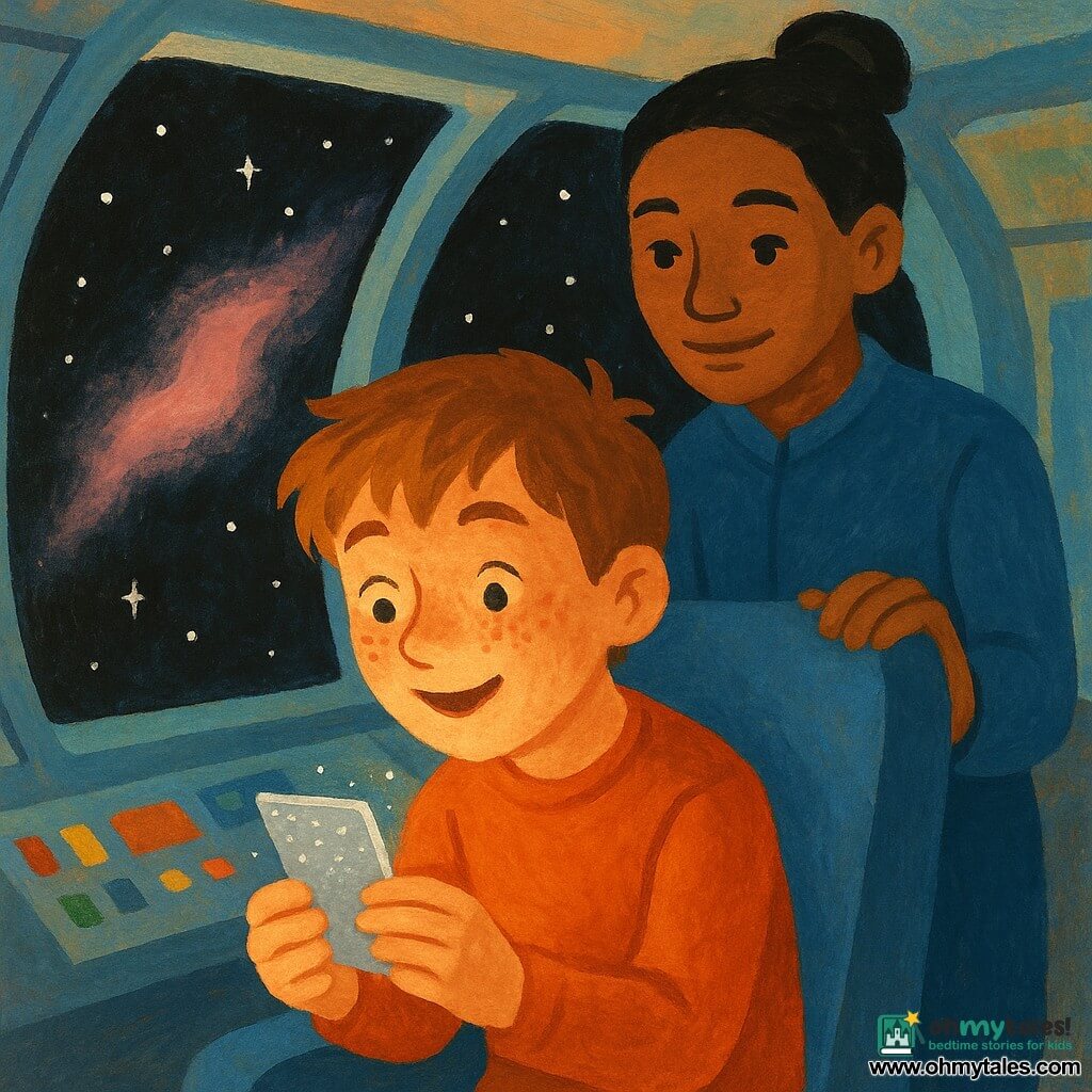 A thirteen-year-old boy, Milo, round face with freckles, tousled light brown hair, an awed look and slight smile, delicately holding a small shiny silver card that sparkles like moon dust; behind him stands Captain Rhee, about 40, light brown skin, black hair in a bun, calm benevolent gaze, hand resting lightly on a seat back, both observing the card in the observation cabin of a spaceship with a panoramic window, metal frames, pale blue lights and control panels; outside, velvet-black space dotted with stars and a pale pink nebula casting a soft glow reflected on Milo’s face; the scene feels safe and curious, in a childlike gouache style with saturated colors, visible brush textures, soft outlines and clear expressions.