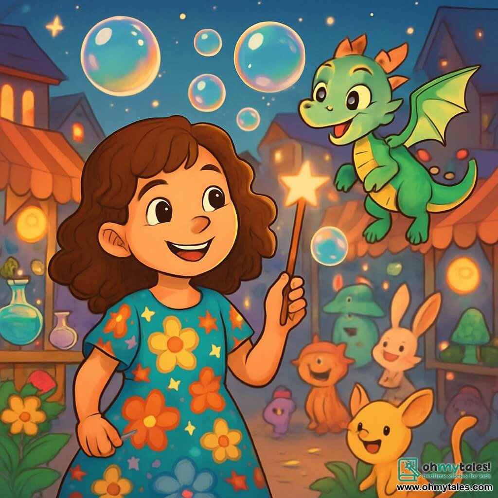 A 10-year-old girl named Gwendolyn, with curly brown hair and sparkling curious eyes, stands at the center of a magical scene, a radiant smile illuminating her face. She wears a colorful dress adorned with floral patterns and holds a sparkling wand in her hand, ready to conjure bubbles of magic. Beside her, a small dragon named Fizzle, with shiny scales and translucent wings, joyfully flies around her, his eyes gleaming with excitement. He is Gwendolyn's best friend, encouraging her to explore the magical world around them. In the background, the Old Muddlewood market stretches out, vibrant with bright colors and shimmering lights. Wooden stalls are filled with sparkling potions, luminescent flowers, and fantastical creatures, while floating lanterns create a fairy-tale atmosphere. The main scene shows Gwendolyn and Fizzle preparing for the Bubble Festival, surrounded by enchanted creatures having fun and getting ready to join the celebration. Magical bubbles float around them, capturing the light and adding a touch of mystery to the entire scene.