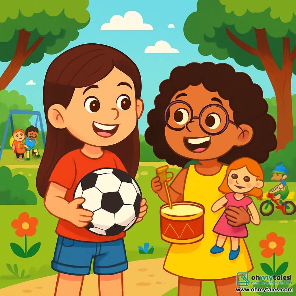 There are two main characters: Emma, an 8-year-old girl with long brown hair and sparkling eyes, wearing a red t-shirt and denim shorts. She is smiling, holding a soccer ball, ready to play. Mia, also 8, has curly hair and is wearing a bright yellow dress. She has round glasses and a big smile, standing next to Emma, holding a doll in one hand and a drum in the other, ready to have fun. The scene takes place in a sunny park filled with greenery, with majestic trees lining the playground and colorful flowers on the ground. In the background, children are playing together, some on swings and others riding bikes, under a blue sky with fluffy white clouds. The main situation shows Emma and Mia standing on the playground, surrounded by other children having fun. They are joyfully discussing their favorite games, promoting the idea that all children, regardless of gender, can play together and do what they love.