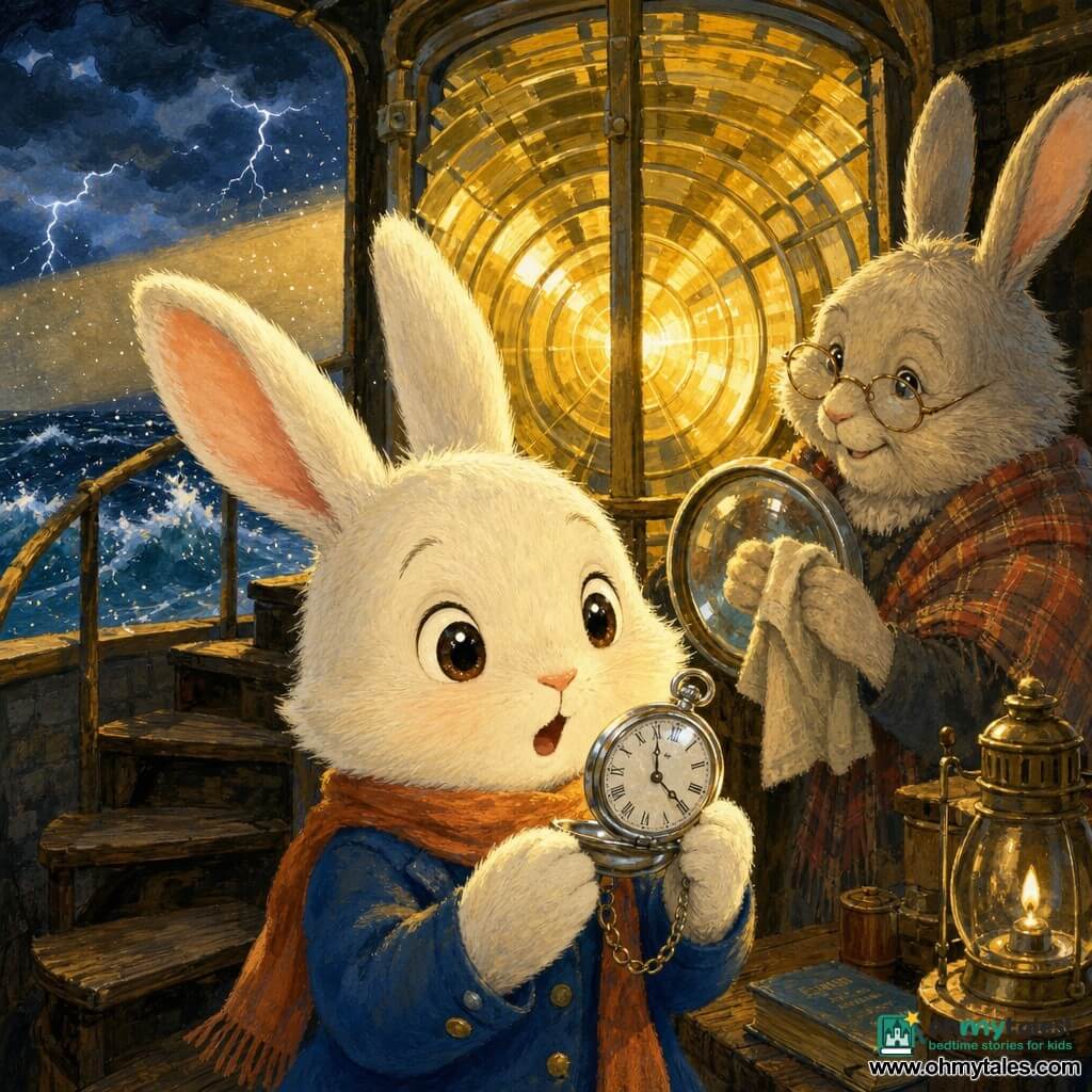 A small white fluffy rabbit with long twitching ears, round bright eyes and an amazed face holds a silver pocket watch glittering between its paws and looks at the large lighthouse lens; an elderly guardian doe with graying fur, a kind smile and a plaid shawl stands behind it polishing the big glass lens with a cloth. The dark stone lighthouse has a worn wooden spiral staircase and a lantern room with a large circular prismatic lens with golden reflections; outside, a rough sea with whipped waves and spray, dramatic gray-blue clouds and distant lightning. The lighthouse beam casts a wide warm yellow cone through the storm, with drops and spray around the glass. Gouache style, textured brushstrokes, saturated yet soft colors, slightly blurred edges, warm reassuring atmosphere despite the storm; composition centered on the rabbit and lens, close crop showing the face, pocket watch and reflections.