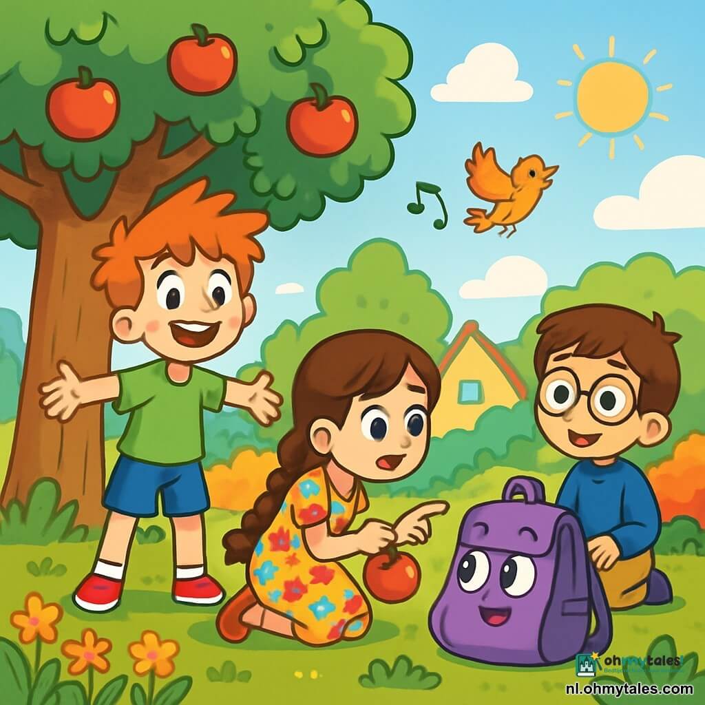 Er zijn 3 personages: - Finn: een 9-jarig jongen met rommelig rood haar, gekleed in een felgroen t-shirt en blauwe shorts. Hij staat met zijn armen wijd uit elkaar en een grote glimlach op zijn gezicht, klaar voor avontuur. - Merel: een 8-jarig meisje met een lange bruine vlecht, gekleed in een kleurrijke bloemenjurk. Ze zit in een hurk, houdt een appel in een hand en wijst naar een mysterieus voorwerp achter een struik. - Noa: een 9-jarig jongen met ronde bril en kastanjebruin haar, gekleed in een blauwe trui en beige broek. Hij zit op het gras en kijkt nieuwsgierig naar de scène, met een verwonderde blik op zijn gezicht. De locatie bevindt zich onder een grote appelboom met takken vol helderrode appels, in een zonnig park met groen gras en kleurrijke bloemen eromheen. Op de achtergrond is een geel huis met een puntdak en een heide vol kleurrijke struiken te zien. De belangrijkste situatie toont de drie vrienden die een paarse rugzak ontdekken met knipperende ogen, die lijkt te praten, terwijl een lichte bries de bladeren van de bomen laat dansen. De sfeer is vrolijk en vol verrassingen, met gekke elementen zoals vogels die melodieën zingen en wolken in de vorm van snoepjes.