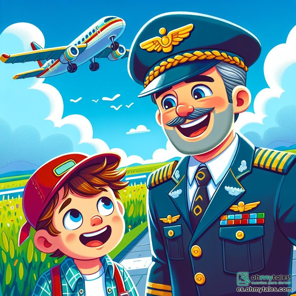 Un piloto sonriente, con un gran gorro azul y un uniforme brillante, está al lado de su avión. Tiene ojos brillantes de alegría y una gran sonrisa que muestra su entusiasmo. A su lado, un niño de 8 años, llamado Nico, con cabello castaño desordenado y una gorra roja, mira el avión con ojos desmesurados, lleno de asombro. Están en una pista de aterrizaje rodeada de campos verdes y un cielo azul brillante, salpicado de algunas nubes blancas. La escena principal muestra al piloto explicando a Nico cómo funciona el avión, con gestos animados y un ambiente alegre, listo para una aventura en el aire.