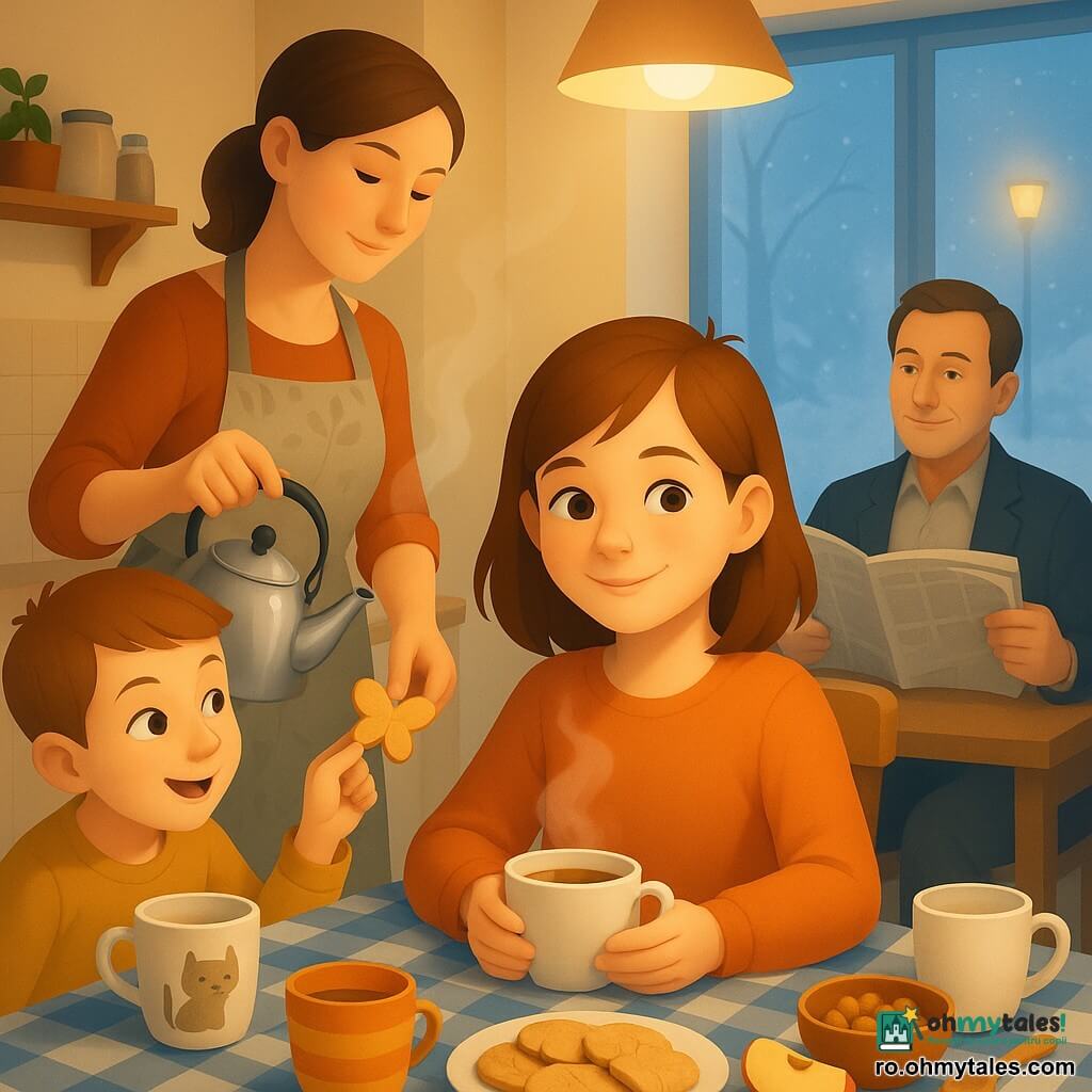 O fată de 12 ani, cu zâmbet blând și ochi sclipitori, părul șaten mediu cu o şuviță răzvrătită, ține o ceașcă de ceai aburindă pe o măsuță; fratele ei de 9 ani, cu păr scurt și privire jucăușă, smulge un biscuiți farfalle lângă masă; mama (~38 ani), cu părul prins și șorț simplu, toarnă apă fierbinte într-o ceainică, iar tatăl (~40 ani) stă pe fundal, sacou desfăcut, citind ziarul și zâmbind; bucătărie mică și caldă cu fereastră ce arată zăpadă și lampadar, masă cu față de masă în carouri alb-albastru, trei cești diferite, farfurie cu biscuiți de casă crăpați, felii de mere roșii, bol cu nuci și linguriță de lemn, lumină caldă pendulantă și aburi vizibili, atmosferă intimă de iarnă centrată pe fetei care aranjează masa.