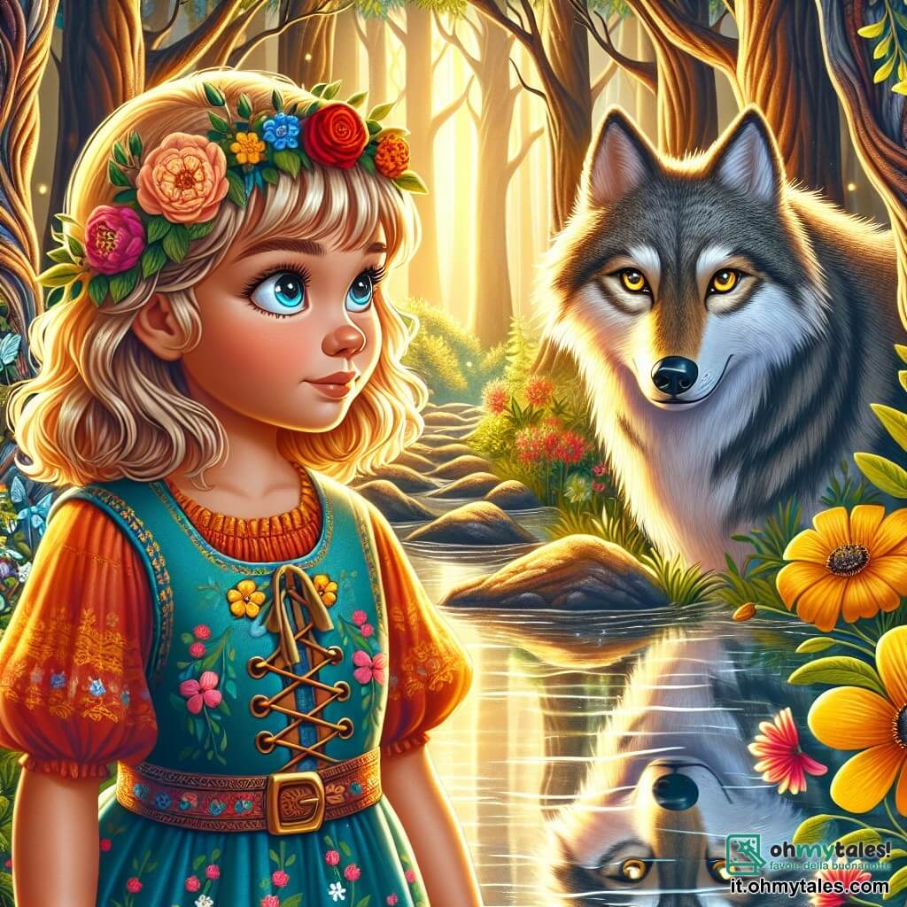 Una bambina di 10 anni, di nome Elena, si trova sulla riva di un lago cristallino, con gli occhi brillanti di curiosità e determinazione. Ha capelli biondo dorato che fluttuano dolcemente nel vento e indossa un vestito colorato decorato con fiori. Il suo viso esprime meraviglia e coraggio mentre osserva il suo riflesso nell'acqua. Accanto a lei, un lupo maestoso con occhi penetranti e pelo argentato si erge in una postura protettiva, apparendo saggio e benevolo, pronto a guidare Elena nella sua avventura. Il paesaggio è una foresta incantata, con alberi enormi dai tronchi nodosi e foglie dai colori vivaci, illuminati da raggi di sole che filtrano tra i rami. Fiori dai toni vivaci e creature magiche si nascondono nei cespugli, aggiungendo un tocco di mistero all'ambiente. La scena principale mostra Elena di fronte al suo riflesso nel lago, rendendosi conto che deve superare le sue paure per proseguire nella sua avventura, mentre il lupo la incoraggia con un'espressione piena di saggezza.