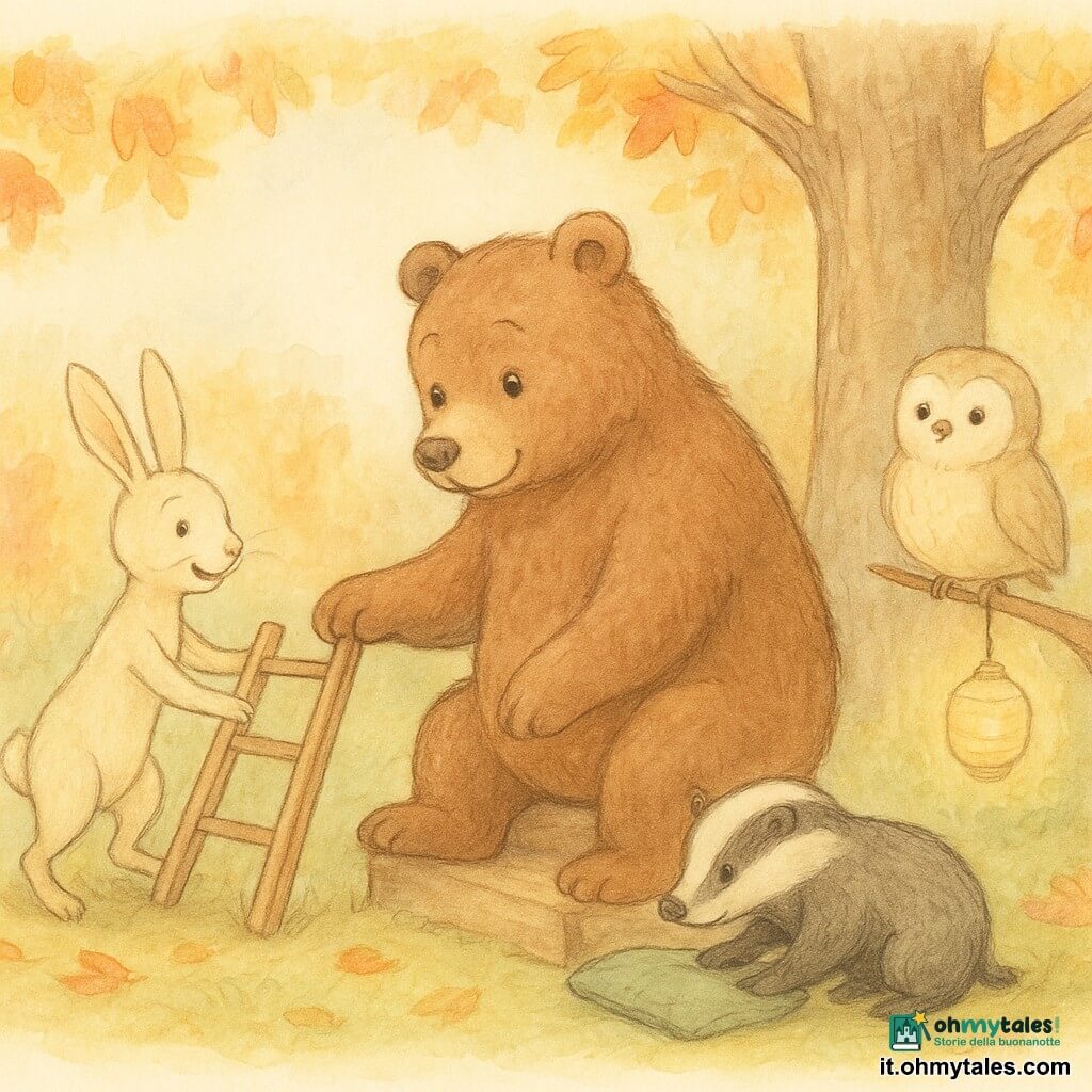 Un grande orso di peluche chiamato Berto, pelliccia marrone, occhi tondi e espressione timida, appoggia la zampa destra su un gradino di legno mentre sorride mentre lo aiutano a salire. Una coniglietta magra e vivace, Lella la lepre, pelliccia crema e orecchie lunghe, tiene il basso di una piccola scala di legno a sinistra di Berto. Tito il tasso, tozzo con strisce bianche e nere, concentra l'attenzione mentre infila un cuscino di tessuto sotto il gradino per sostenere la zampa. Mimi la piccola civetta rotonda, piumaggio beige e occhi dolci, è appollaiata su un ramo basso a destra con una lanterna di carta e canta piano. La scena si svolge in un parco giochi tra i boschi su un grosso tronco usato come piattaforma, foglie dorate e rosse, erba macchiata e cielo autunnale; gli amici sono in cerchio, si aiutano con scala bassa, cuscino e cordicelle colorate, atmosfera calda, calma e movimenti attenti.