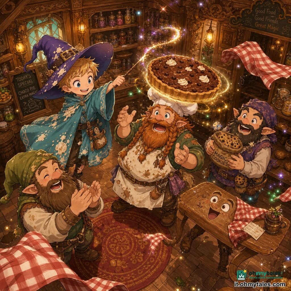 Un giovane mago ragazzo sorridente e malizioso con cappello viola troppo grande e lunga mantella turchese, macchie di farina e crema sulla veste, agita una bacchetta luccicante facendo levitare una grande torta al cioccolato; un cuoco nano di circa 45 anni con barba rossa intrecciata e grembiule sporco riceve la torta malferma sulla testa ridendo; due nani adulti—uno tozzo con berretto verde che applaude e uno magro con una bisaccia di biscotti magici—stanno vicino a un tavolo danzante; l'osteria è accogliente con pareti di legno intagliato, scaffali di barattoli colorati, lampade ad olio dorate e tovaglie a quadri rosse che svolazzano; atmosfera comica e incantata con luci colorate, scintille magiche attorno ai dolci, movimento e gioia; palette vivace di toni caldi con accenti turchese e viola, stile manga infantile con tratti morbidi ed espressioni esagerate, composizione centrata sul mago e sul cuoco nano in leggera prospettiva dall'alto.
