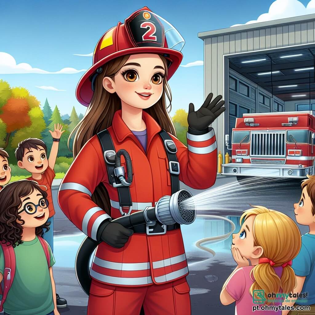 Uma mulher bombeira, Luísa, está orgulhosamente no centro da imagem, com um grande sorriso no rosto. Ela usa um uniforme vermelho vivo, um capacete de bombeiro brilhante e botas pretas. Seus longos cabelos estão presos em um rabo de cavalo, e seus olhos brilham de excitação e determinação. Ao lado dela, um grupo de cinco crianças, com idades entre 8 e 10 anos, observa com admiração. Uma menina de cabelos cacheados e óculos, que parece muito curiosa, levanta a mão para fazer uma pergunta. Um menino de cabelos loiros, com um grande sorriso, segura um pequeno capacete de bombeiro de plástico, enquanto outro menino, com uma camiseta azul, assiste à demonstração com os olhos arregalados. O cenário é do lado de fora de um grande quartel de bombeiros, com um caminhão vermelho brilhante estacionado nas proximidades. Árvores verdes cercam o edifício, e um céu azul radiante ilumina a cena. Luísa está fazendo uma demonstração do uso de uma grande mangueira, projetando um jato de água poderoso, enquanto as crianças, fascinadas, tentam controlar o jato com entusiasmo.
