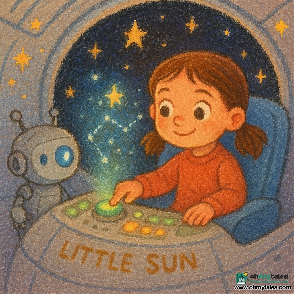 A smiling, brave 7-year-old Captain Maya with big bright eyes and brown pigtails sits in a soft blue chair pressing a glowing green button; beside her to the left is Pip, a small friendly matte-silver robot with a blue glowing eye, tilting toward a holographic star map on the dashboard of the round silver interior of the Little Sun ship, polished walls and a huge circular porthole showing a black sky dotted with golden, blue and violet stars; the holographic map shows a line of sparkling points and warm-glowing green and yellow buttons, creating a calm, safe pastel scene with soft textures, thick lines and clear friendly expressions suitable for toddlers.