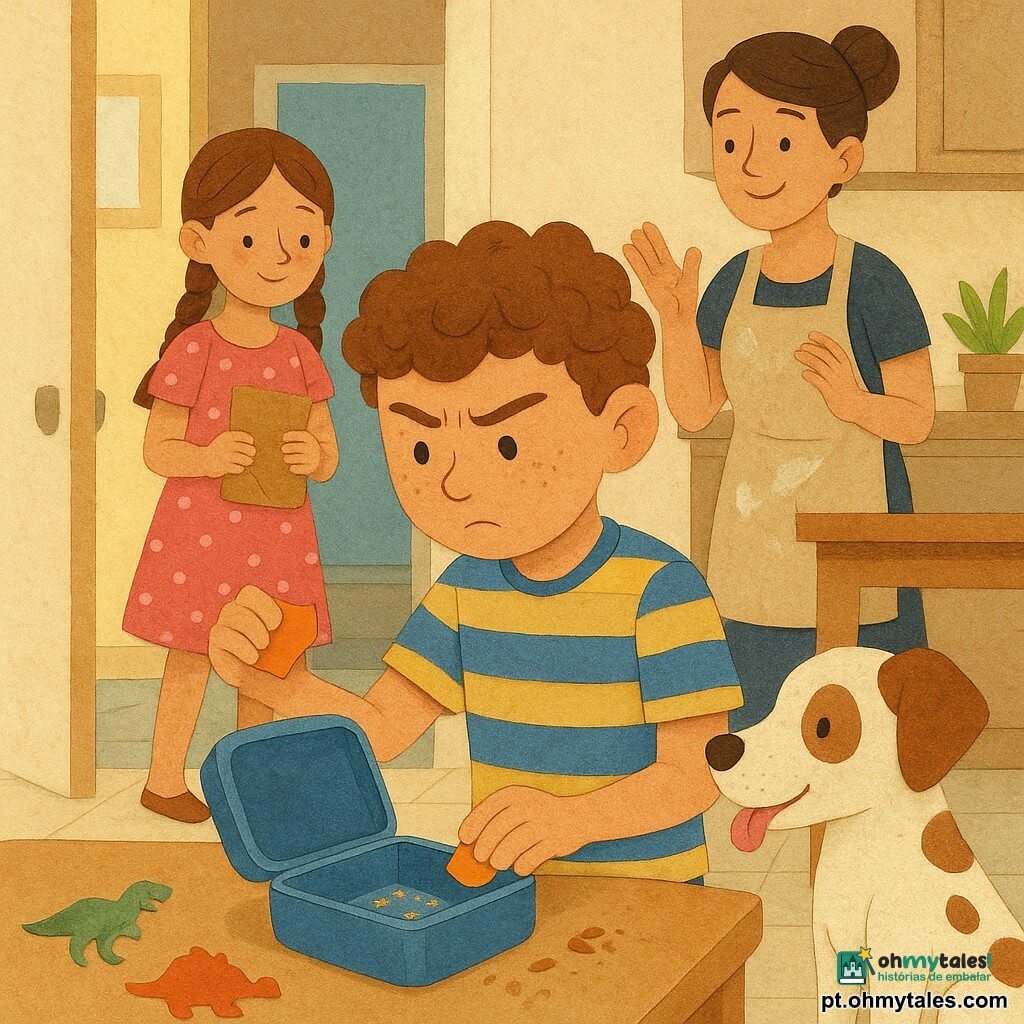 Um menino de 8 anos, taches de rousseur, cheveux bouclés châtain, portant un t-shirt rayé bleu et jaune, tient une boîte à goûter bleue ouverte et regarde avec étonnement un petit papier orange; sa sœur d’environ 9 ans, cheveux longs tressés, robe rose à pois blancs, sourit timidement dans l’embrasure de la porte en cachant à moitié un paquet de biscuits; le chien blanc tacheté brun Pipoca est assis à côté, langue dehors; la mère, cheveux en chignon et tablier fariné, observe amusée; la cuisine lumineuse montre des miettes et un papier de bonbon au sol, suggérant que le garçon découvre la preuve du goûter volé.