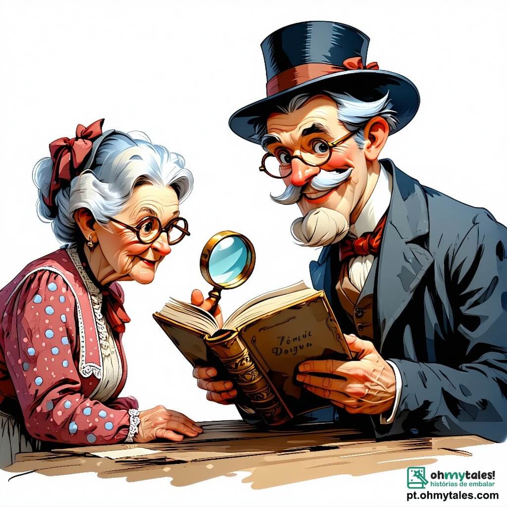 O personagem principal, Sr. Pipo, é um homem de meia-idade com um grande chapéu de detetive e uma lupa na mão. Ele tem um sorriso travesso e olhos brilhantes de curiosidade, enquanto se inclina levemente para frente, examinando um velho livro em uma prateleira empoeirada. Ao seu lado, Dona Matilde, uma mulher idosa com cabelos prateados e óculos redondos, observa com admiração. Ela usa um vestido florido e tem uma expressão alegre, com as mãos na cintura. Um pouco mais longe, Lúcia, uma menina de 8 anos com tranças e um vestido colorido, aponta para um canto escuro da sala, intrigada pelo mistério. O local é uma velha casa cheia de charme, com paredes de madeira, prateleiras carregadas de livros antigos e quadros pendurados nas paredes. A luz suave filtra através de uma janela, criando uma atmosfera acolhedora e misteriosa. A situação principal mostra o Sr. Pipo descobrindo um precioso quadro de flores escondido atrás de livros, enquanto Dona Matilde e Lúcia o observam com excitação, seus rostos iluminados pela alegria dessa descoberta.
