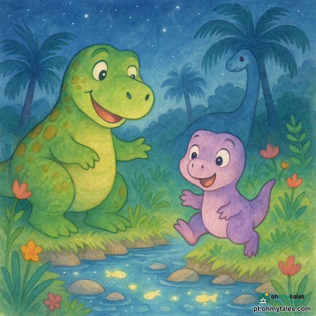 Tino, um Tyrannosauro Rex grande e rechonchudo de pele verde com manchas ocre, olhos doces e sorridentes, protetor e maravilhado com uma pata levantada a indicar a margem; Tina, irmã menor, lavanda pálida, saltando de alegria junto a Tino a olhar a água; Orion, um apatossauro muito alto de pescoço longo e olhos brilhantes cor de lua, ao fundo calmo a observar sob as árvores; margem de um rio claro e azul com pedras cintilantes como estrelas, ervas altas, flores e árvores de folhas em forma de pena, reflexos prateados na água; cena principal de noite suave com céu estrelado e peixinhos luminosos e translúcidos a nadar entre as pedras, Tino a mostrar os "peixes-estrelas" aos amigos, atmosfera mágica e acolhedora em cores pastel aquareladas.