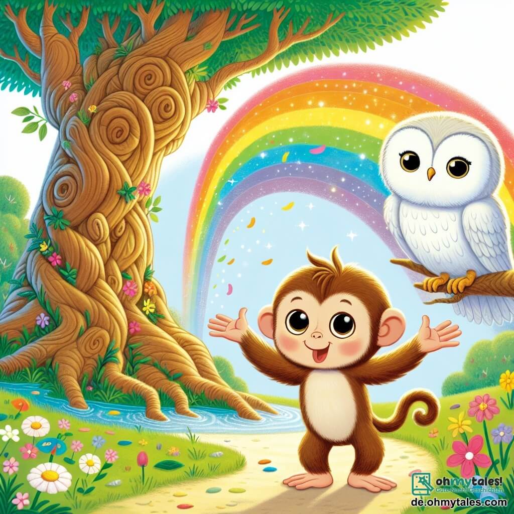 Ein kleiner Affe namens Pico mit hellbraunem Fell und neugierigen Augen steht in der Mitte des Bildes, die Arme zum Himmel erhoben, mit einem Ausdruck von Staunen und Freude. Neben ihm sitzt eine weise Eule namens Luna mit großen runden Augen und weißen Federn auf einem Ast und beobachtet Pico mit einem ermutigenden Lächeln. Im Hintergrund steht ein majestätischer alter Baum mit knorrigen Stämmen und grünen Blättern in einer sonnigen Lichtung, umgeben von bunten Blumen und einem glitzernden Bach. Die Szene zeigt Pico und Luna, die die Rückkehr eines wunderschönen Regenbogens feiern, der den Himmel mit leuchtenden Farben erhellt und Freude und Freundschaft in ihrem verwunschenen Wald symbolisiert.