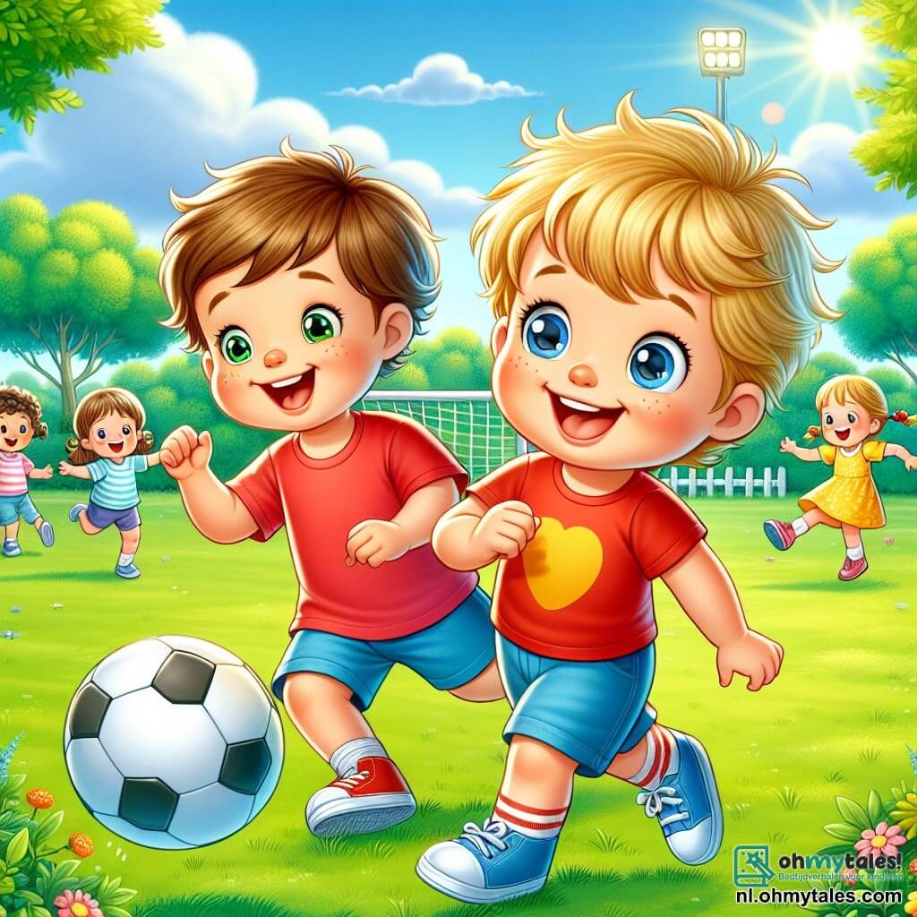 Een 2-jarig jongetje met rommelig blond haar en sprankelende ogen speelt voetbal op een groen veld. Hij draagt een felrode t-shirt en een blauwe short, en hij glimlacht breed, vol enthousiasme voor het spel. Naast hem rent zijn beste vriendin Mila, een 3-jarig meisje met vlechten en een gele jurk, vrolijk naar hem toe om de bal te vangen. Ze heeft een grote glimlach op haar gezicht, vol opwinding. De locatie is een zonnig park met een heldere blauwe lucht en enkele witte wolken. Groene bomen omringen het veld en kleurrijke bloemen sieren het pad. Verderop spelen en lachen andere kinderen, wat bijdraagt aan de vrolijke sfeer. Lars slaat enthousiast de bal terwijl Mila zich voorbereidt om hem te vangen. Hun vriendschap en plezier in het samen spelen zijn voelbaar, wat een levendige en blije scène creëert.