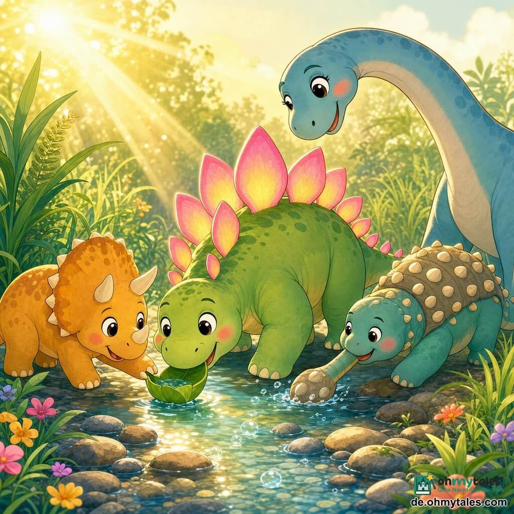 Ein glücklicher, erleichterter Stegosaurus namens Steno lächelt mit großen runden Augen und rosigen Wangen; hellgrün mit breiten rosa-gelben Rückplatten, er hält einen kleinen Becher aus einem Blatt im Maul und beugt sich über einen flachen klaren Bach, während links der neugierige kleine Triceratops Tiki den Becher mit seiner gezackten Nase berührt, hinter ihm der rundliche freundliche Ankylosaurus Rumo mit seinem Schwanz als Schaufel den Becher vorstößt und im Hintergrund rechts die große langhalsige Brachiosaurierin Lala sanft ihren Hals senkt, um zu helfen; das Ufer ist mit hohem grünem Gras, kleinen bunten Blumen, Farnen und glatten Steinen gesäumt, Morgenlicht lässt Wasser und Platten leicht schimmern, die Szene strahlt sanfte, sichere Zusammenarbeit aus.