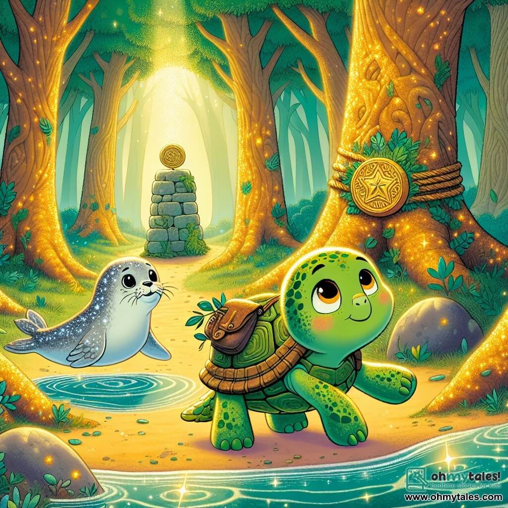 A turtle named Orla, with a mossy green shell dotted with brown spots, moves slowly with a determined look and eyes shining with hope. She carries a small shoulder bag filled with treats and a pretty blue grass band that holds her shell. Beside her, a young seal named Sable, with silver skin and sparkling eyes full of mischief, joyfully spins, splashing water from a nearby stream. They are in a clearing of an enchanted forest, surrounded by tall trees with gnarled trunks and shimmering leaves, where sunlight filters through the branches, creating golden patterns on the ground. The scene captures the moment when Orla and Sable discover an ancient stone pedestal, on which rests a mysterious shining stamp, a symbol of their quest to solve a magical riddle.