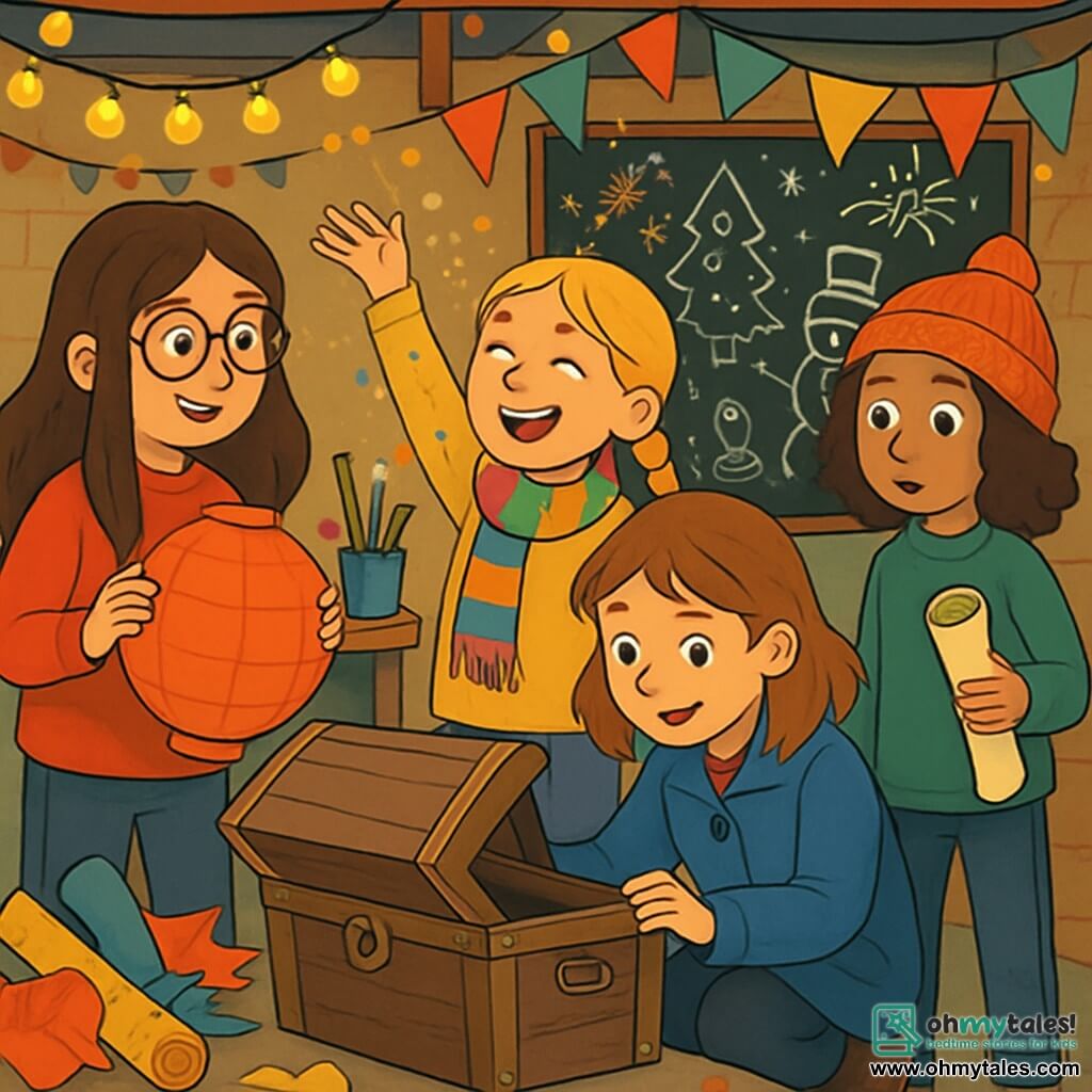 There are 4 children: Lila, an 11-year-old girl with long brown hair and round glasses, wearing a bright red sweater and holding a large papier-mâché lantern; Mia, a 10-year-old girl with braided blonde hair and a bright smile, wearing a colorful scarf and enthusiastically throwing glitter in the air; Sophie, an 11-year-old girl with brown hair and freckles, wearing a blue coat and crouching down to examine an old wooden chest; and Emma, a 10-year-old girl with curly hair and a wool hat, standing and holding a roll of paper with a curious look. The setting is a garage decorated for New Year's, filled with sparkling garlands, colorful papers, and art supplies. Bright lights hang from the ceiling, and a large blackboard is covered with festive drawings. The main scene shows the children discovering an old chest hidden in the garage, surrounded by a magical and exciting atmosphere as they prepare to open the chest to reveal treasures and clues for their New Year's treasure hunt.