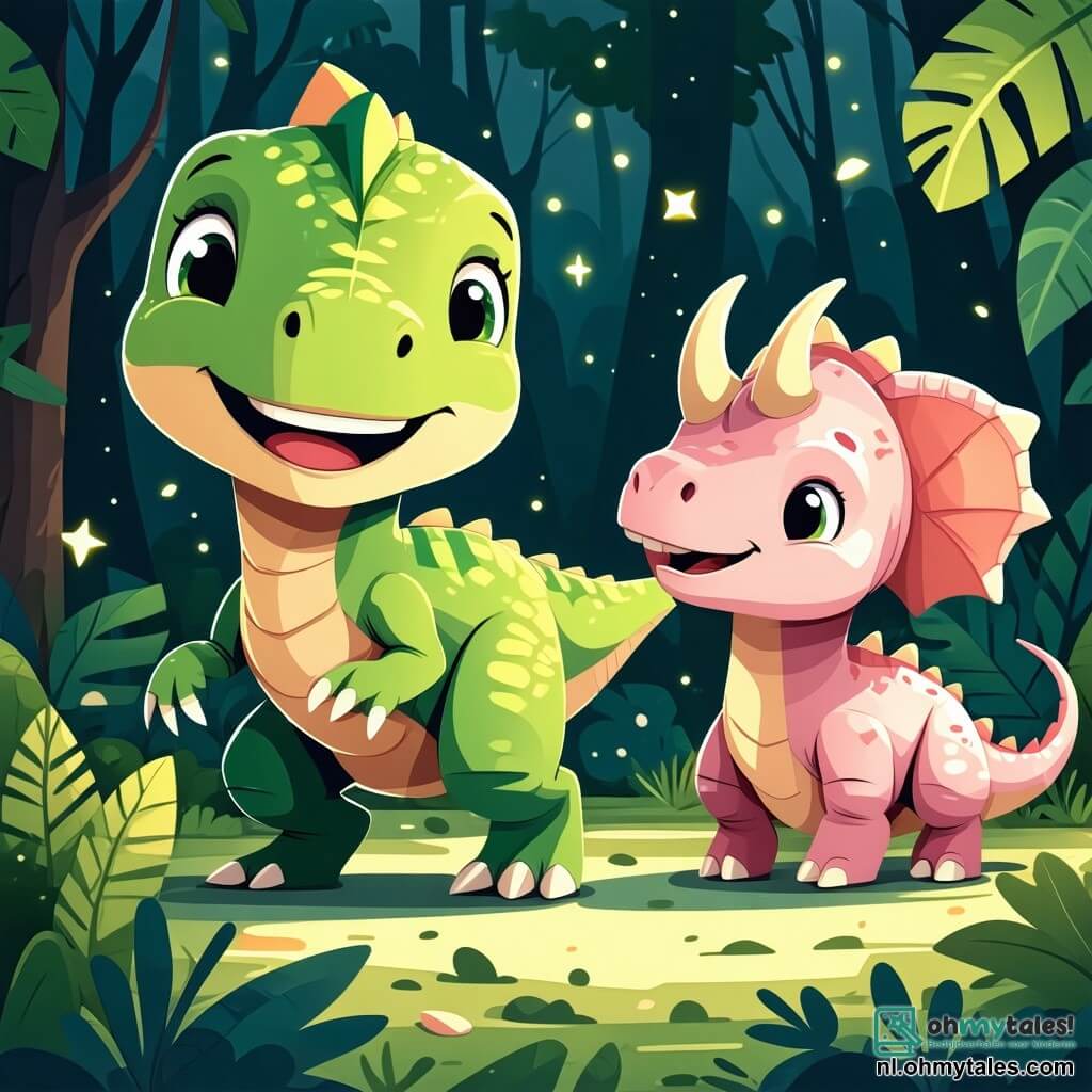Een blije velociraptor genaamd Velo, met groene veren en sprankelende ogen, staat in het midden van de afbeelding, rennend met een grote glimlach op zijn gezicht. Aan zijn rechterkant kijkt een kleine triceratops genaamd Trixie, met een roze huid en drie hoorns op haar voorhoofd, enthousiast naar Velo, klaar om te spelen. De achtergrond is een groene heuvel met kleurrijke bloemen en grote bomen, onder een heldere blauwe lucht met enkele donzige witte wolken. Op de achtergrond omhult een lichte mist een mysterieuze zone, waar je heldere blauwe bloemen kunt zien die zachtjes glinsteren in het zonlicht. De belangrijkste situatie toont Velo en Trixie die verstoppertje spelen, waarbij Velo zich achter een grote steen verstopt terwijl Trixie om zich heen kijkt met een geconcentreerde blik op haar gezicht.