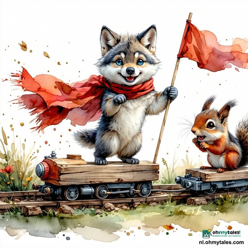 Wolfje, een klein grijsblauw wolvenjong met ronde glanzende ogen en een vrolijke geconcentreerde glimlach, duwt een houten plank omgebouwd tot locomotief en draagt een rood sjaaltje dat in de wind wappert; links Kiki, een kleine rossige eekhoorn met grote oren en ondeugende ogen, lacht en houdt een tuinhandschoen als vlag; achter de plank hurkt Daan, een gedrongen das met zwart-witte vacht, rustig en oplettend, en stelt met zijn sterke poten een dennenappel-wiel af; rechts Floep, een crèmekleurig konijn met lange afhangende oren en rond buikje, snuffelt omhoog en gebruikt een oor als net om een gevallen bes te vangen; Pip, een kleine blauw-gele koolmees, fladdert nieuwsgierig en vrolijk boven de scène met een bes in zijn snavel; de tuin heeft een gestructureerd groen gazon, terracotta bloempotten op een rij als wagons, een verroeste/zilveren goot achteraan, stapels takken en een bolgeknipte haag, zachte namiddagdlicht; situatie: vier vrienden bouwen een geïmproviseerde snacktrein, lachen samen temidden van tuingereedschap en bladeren, warme sfeer met zachte beweging en heldere expressies.
