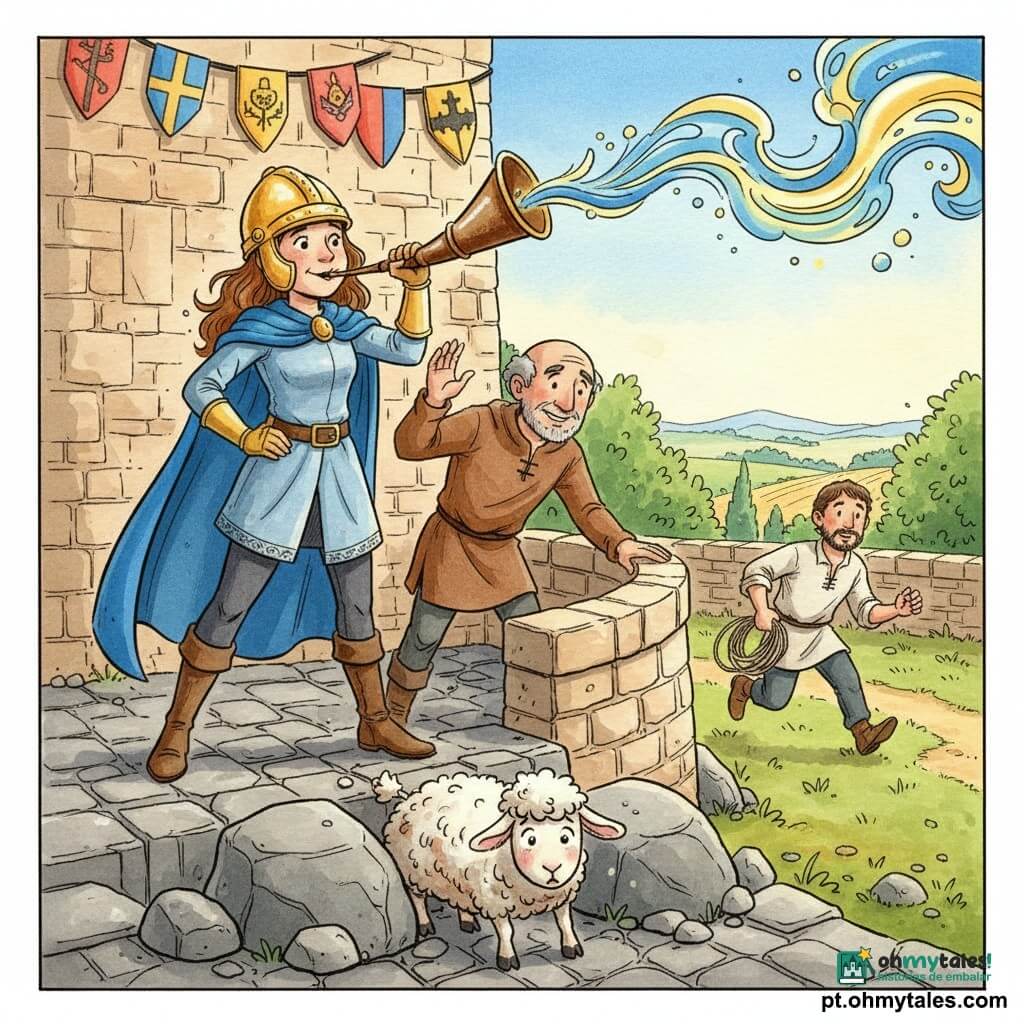 Cavaleira Serena, jovem de sorriso corajoso, com capa azul viva e elmo brilhante, sopra uma corneta de bronze enquanto se ergue sobre pedras do castelo em postura orgulhosa; o escudeiro João, homem idoso de olhar terno, ao lado, acena para chamar os aldeões; um pastor corre do lado direito pelo caminho gramado segurando uma corda; uma pequena ovelha branca presa entre duas pedras no primeiro plano olha assustada; cenário: pátio de castelo medieval com calçadas de pedra, muros bege ornados com estandartes coloridos, árvores e campos ao longe sob céu claro; atmosfera de urgência solidária, luz morna da manhã, cores vívidas, traço de tinta e aquarela.
