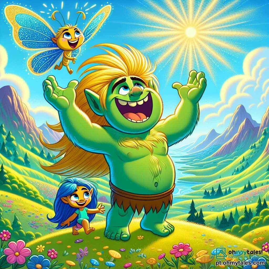 Um troll chamado Trolly, com pele verde brilhante e cabelos longos e dourados, está no topo de uma montanha. Ele exibe uma expressão de alegria e deslumbramento, com os braços levantados para o céu, como se tivesse descoberto algo mágico. Ao seu lado, uma pequena borboleta chamada Lila, com asas azul-vivo e padrões cintilantes, voa ao redor dele, sorridente e cheia de energia, incentivando Trolly em sua busca. O cenário é espetacular: vales verdejantes se estendem até onde a vista alcança, salpicados de flores coloridas que dançam ao vento. Um céu azul claro, com nuvens brancas e fofas, acrescenta um toque de magia à cena. A situação principal mostra Trolly e Lila descobrindo a luz dourada de uma estrela mágica flutuando acima deles, iluminando a paisagem ao redor com um brilho acolhedor. Eles estão maravilhados com essa descoberta, simbolizando a esperança e a alegria que em breve retornarão ao seu vale.