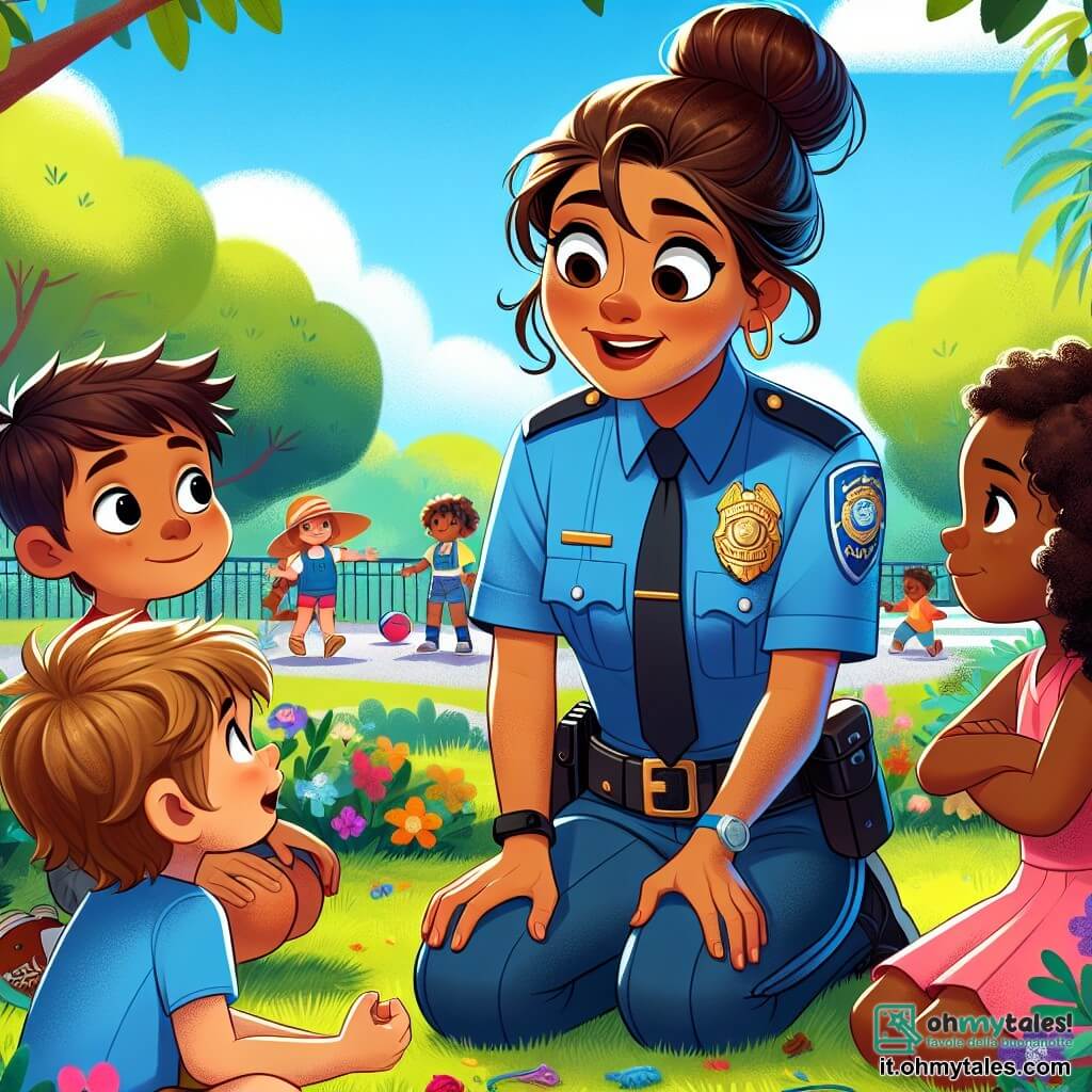 Una poliziotta sorridente, Anna, è al centro dell'immagine. È una donna di circa trent'anni, con capelli castani raccolti in uno chignon, che indossa una divisa blu con un distintivo lucente. Il suo viso irradia benevolenza mentre si accovaccia per parlare con dei bambini che giocano intorno a lei. Luca, un ragazzo di 8 anni, è alla sua destra. Ha capelli biondi arruffati e indossa una maglietta rossa. La guarda con curiosità, gli occhi spalancati, mentre le fa una domanda. Alla sua sinistra, c'è una bambina di nome Mia, di 7 anni, con capelli ricci e un vestito rosa, che sorride e ascolta attentamente, con le mani giunte davanti a sé. La scena si svolge in un parco verdeggiante, pieno di alberi maestosi e fiori colorati. I bambini giocano sull'erba, con giocattoli sparsi intorno a loro, mentre un cielo blu splendente illumina il tutto. Anna spiega ai bambini l'importanza di rispettare le regole e di aiutare gli altri, incoraggiandoli a giocare insieme e a divertirsi.