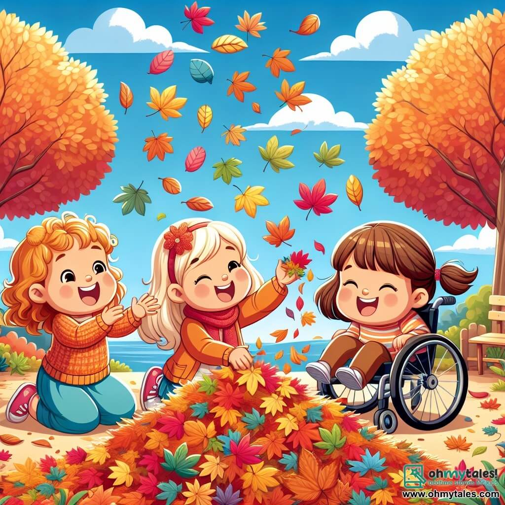 Three joyful girls, aged 8 to 9, are playing in an autumn garden. Sally, a little girl with curly blonde hair, is wearing an orange sweater and collecting colorful leaves. Next to her, Lucy, with straight brown hair and a red scarf, holds a small leaf in her hand. Mia, a girl with brown hair in a ponytail, is smiling in her wheelchair and helping to gather the leaves. The garden is filled with vibrant orange, red, and yellow leaves, with majestic trees in the background. The sky is clear blue with a few white clouds floating gently. The three friends are gathering leaves to create a large colorful pile. They laugh and have fun throwing the leaves in the air as they dance around them like autumn confetti.